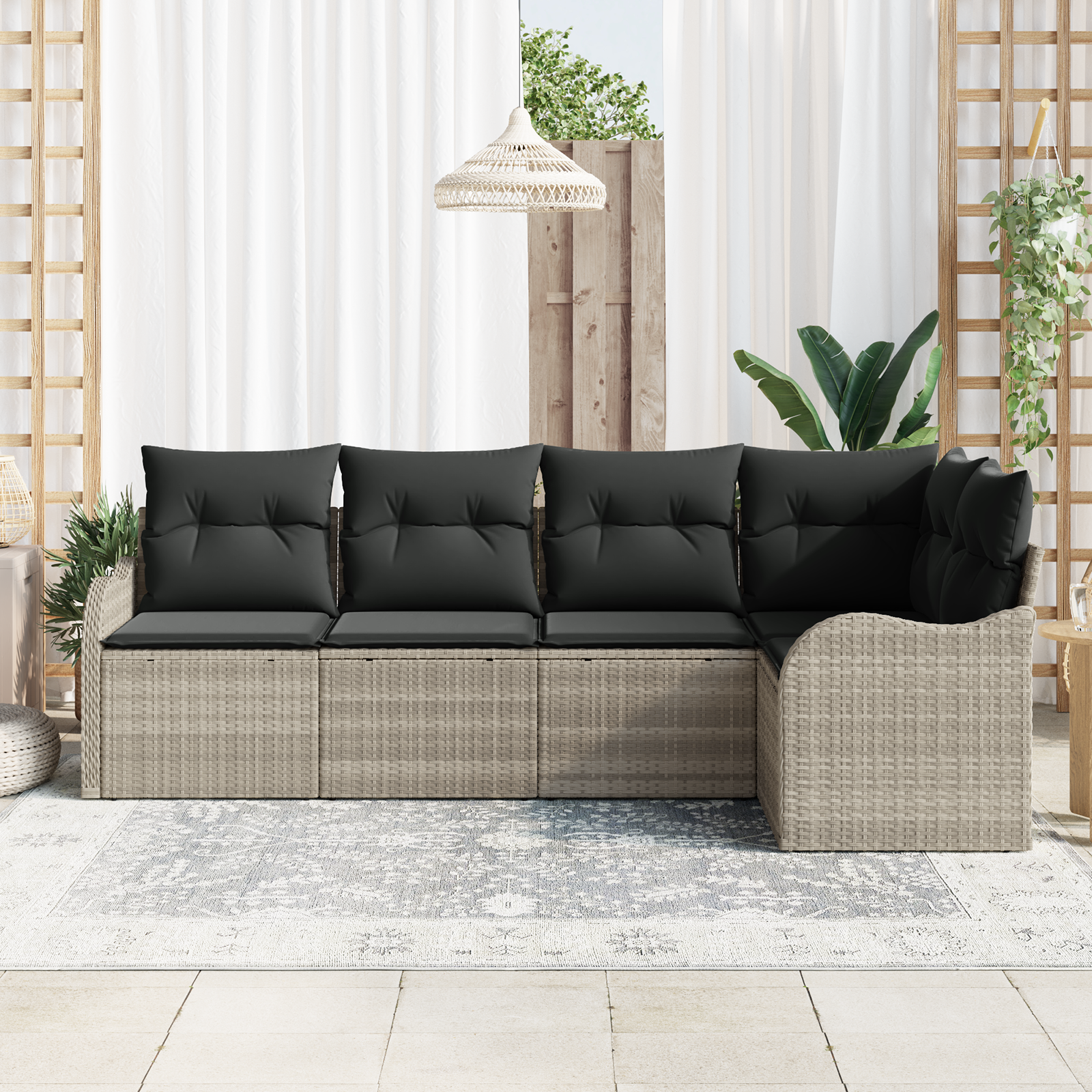 vidaXL 5-delige tuinset met kussens in lichtgrijs poly rattan