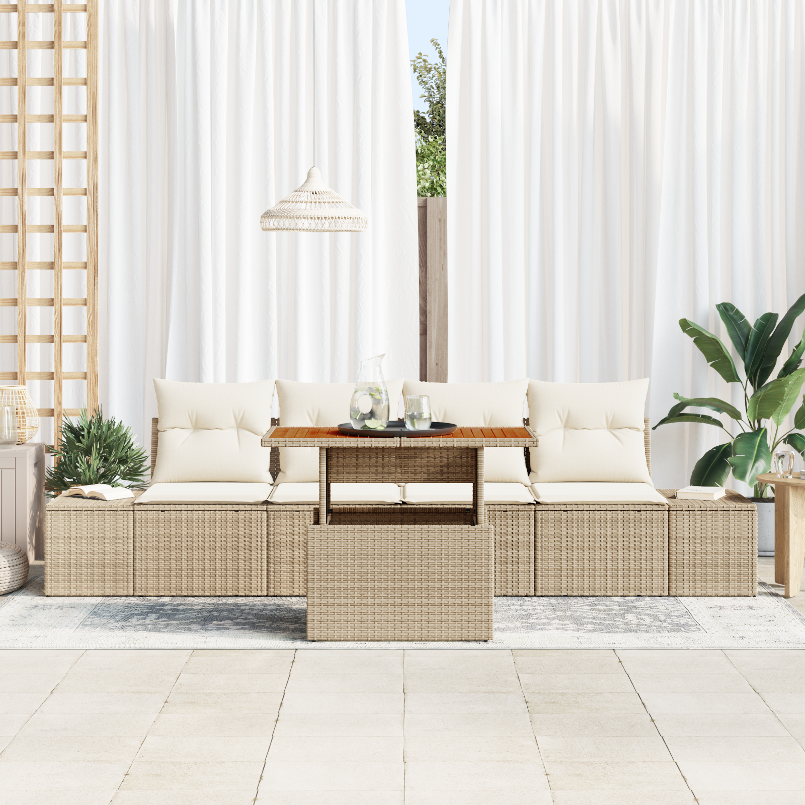 vidaXL 5-delige Tuinset met kussens poly rattan acaciahout beige