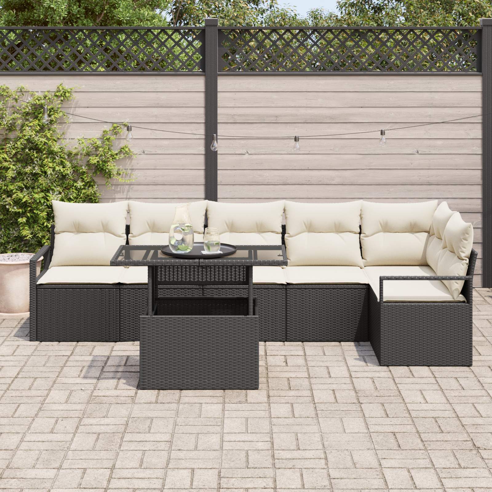 vidaXL 7-delige Tuinbankenset met kussens poly rattan zwart