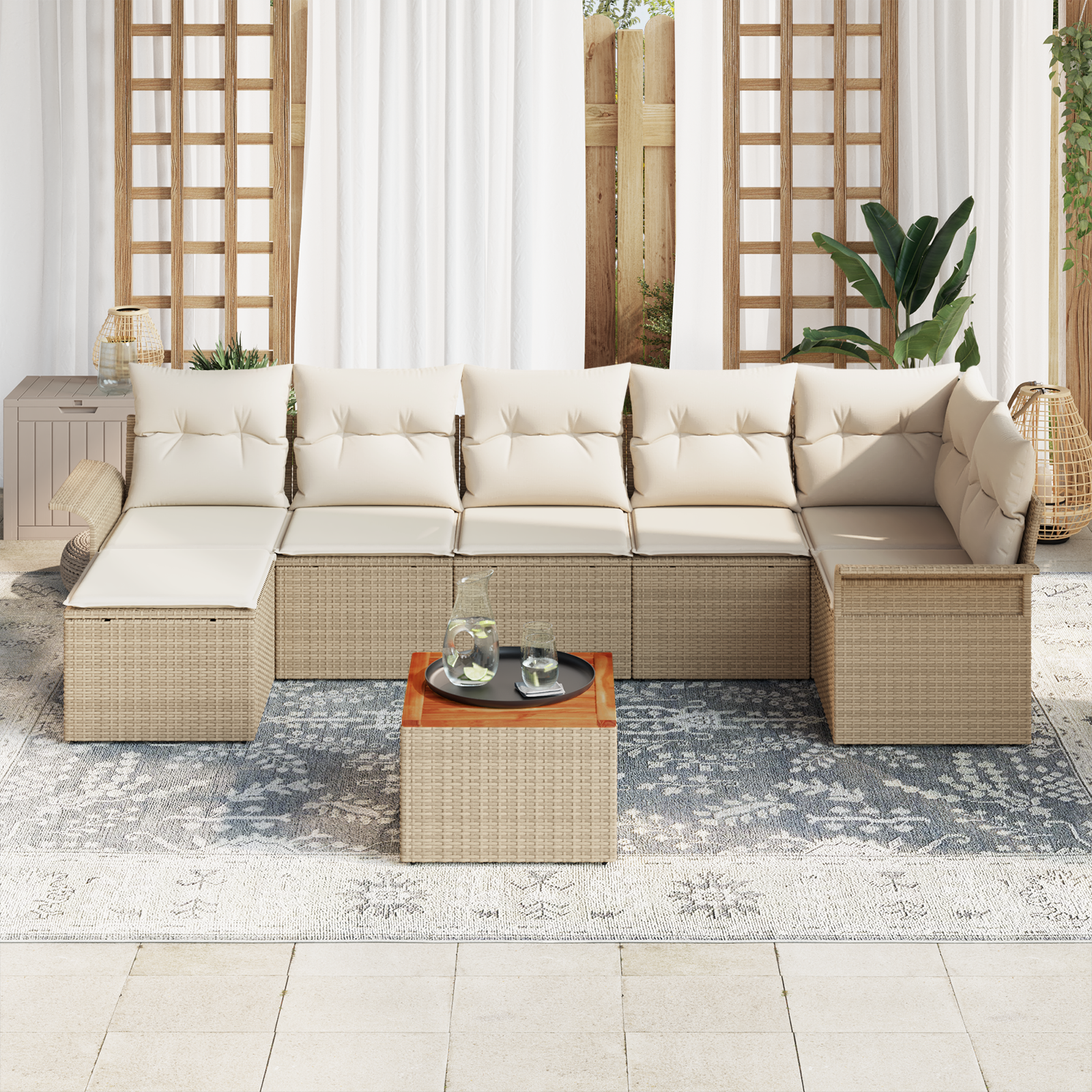 vidaXL 8-delige Tuinbankenset met kussens poly rattan acaciahout beige
