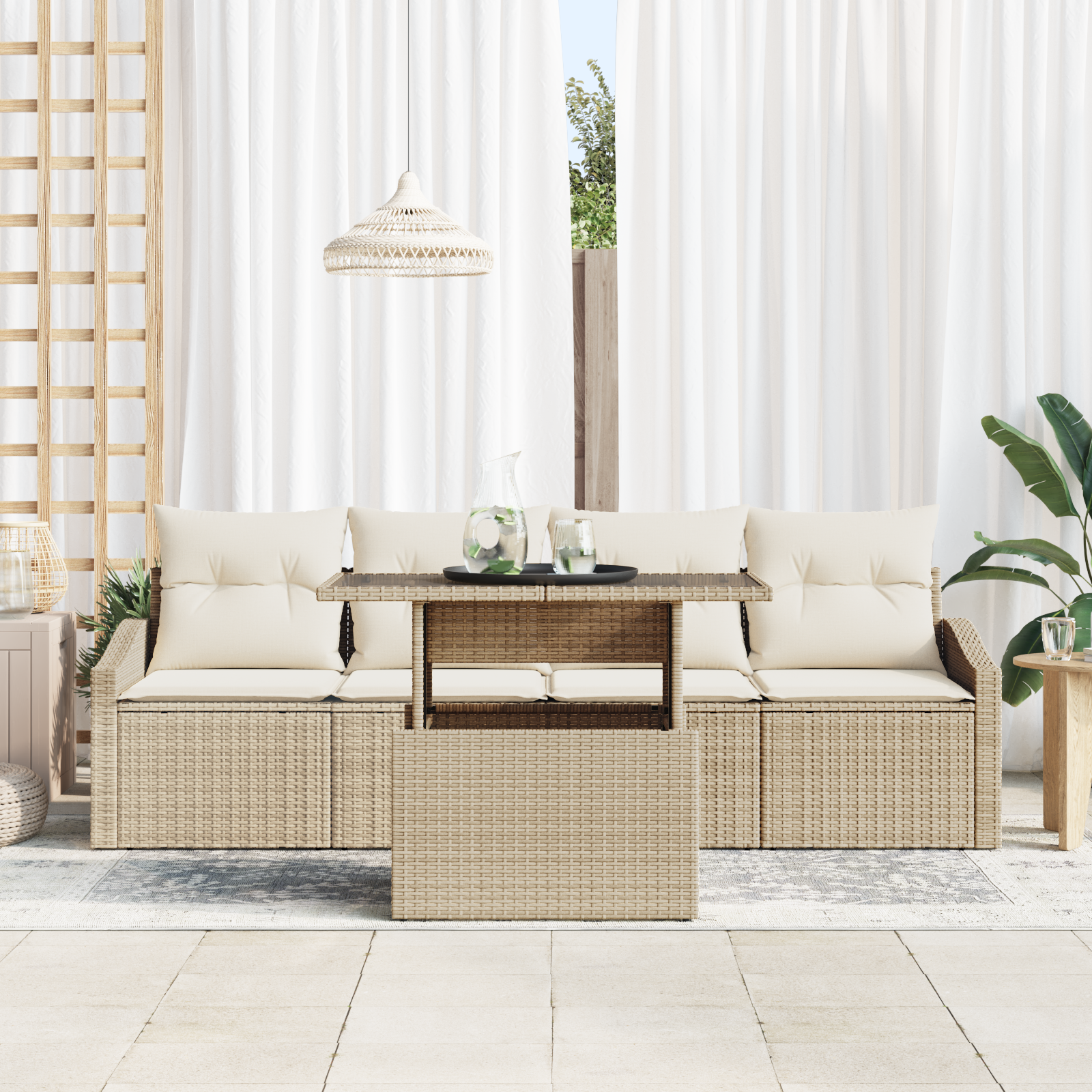 vidaXL 5-delige Tuinbankenset met kussens poly rattan beige
