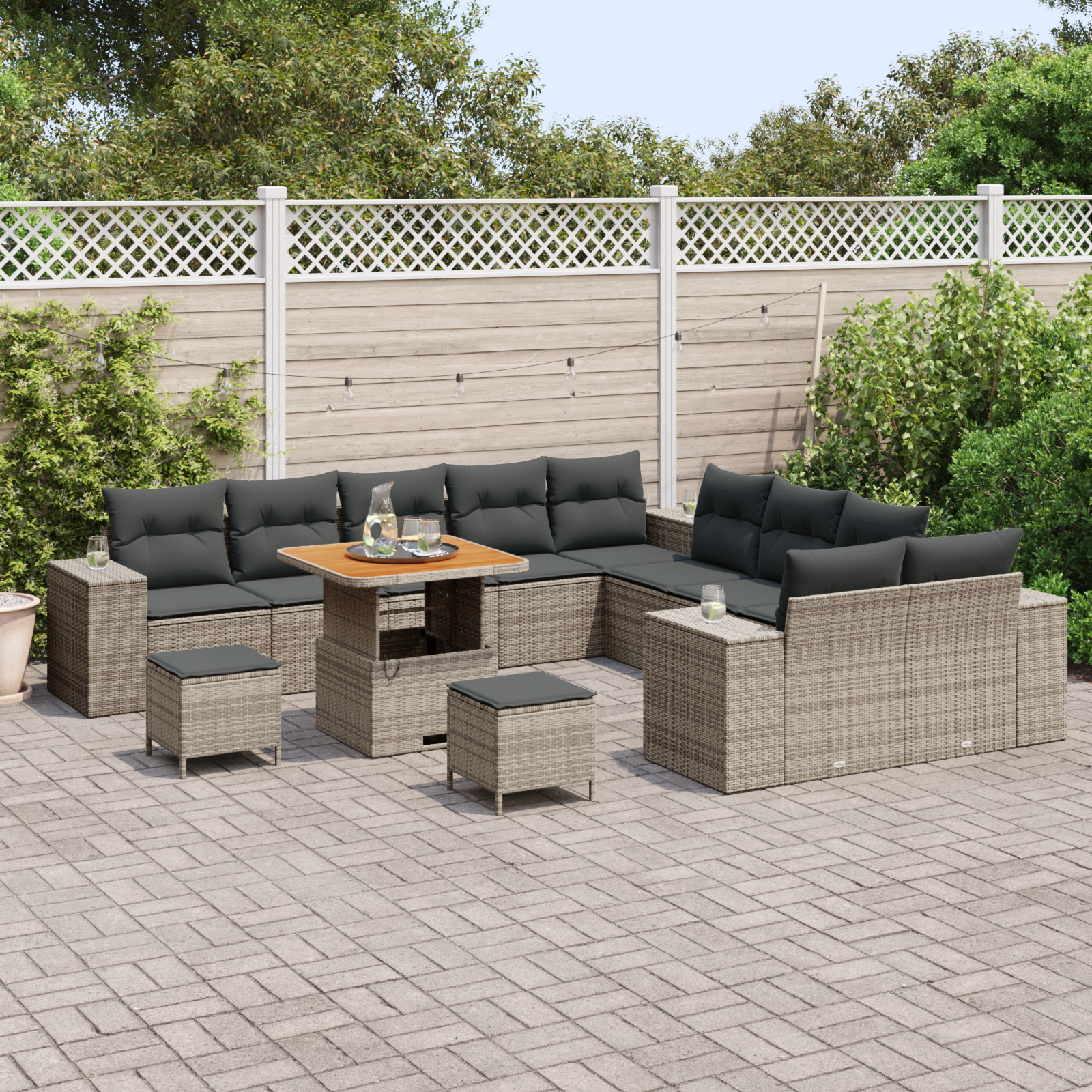 vidaXL 13-delige tuinbankset met kussens - Grijs, Poly Rattan, Acacia