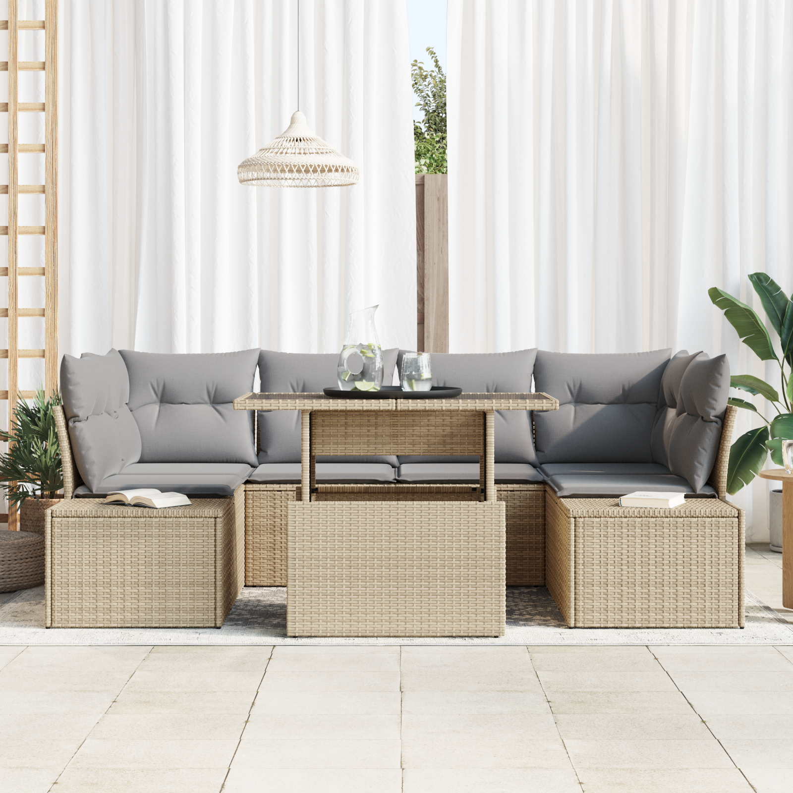 vidaXL 7-delige Tuinbankenset met kussens poly rattan beige