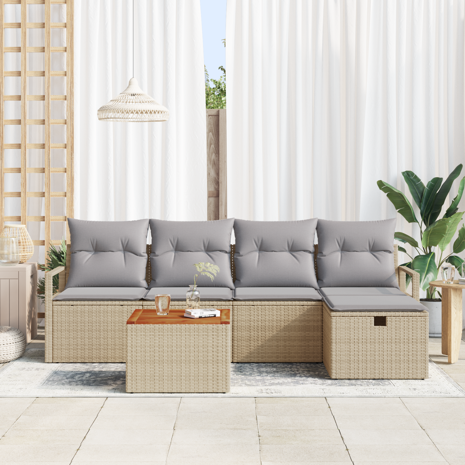 vidaXL 6-delige Tuinbankenset met kussens poly rattan beige