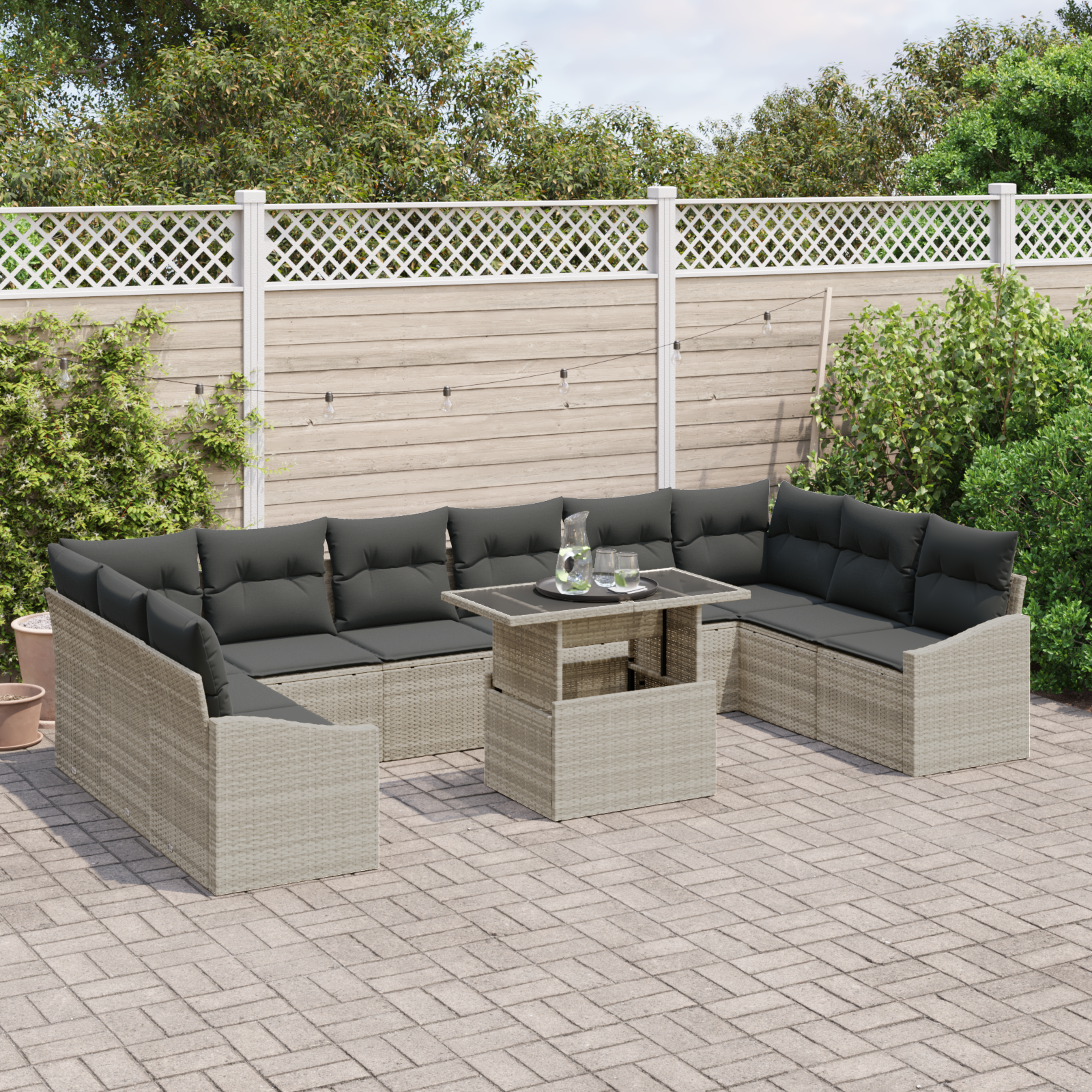 vidaXL 11-delige Tuinbankenset met kussens poly rattan lichtgrijs