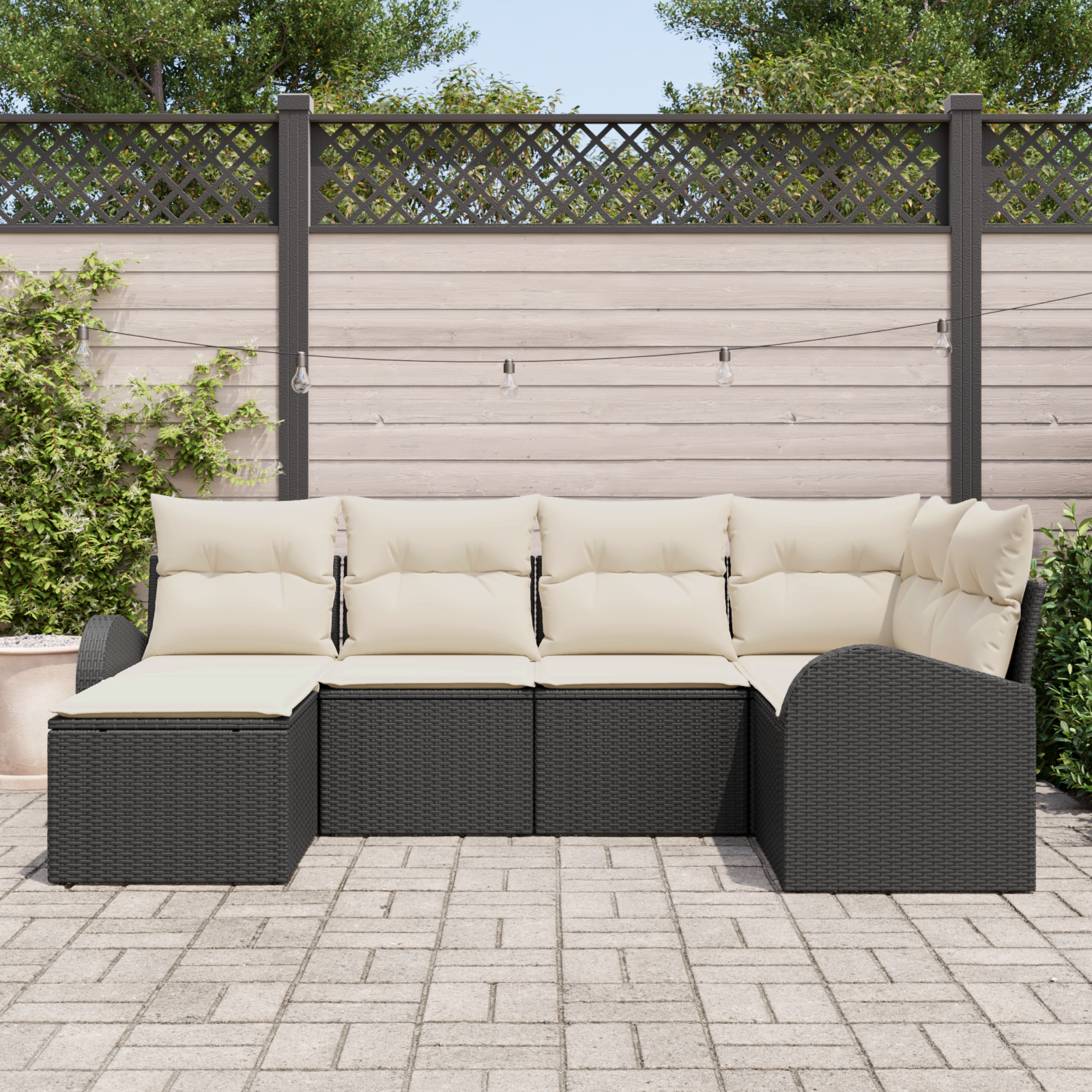 vidaXL 6-delige tuinset met kussens in zwart poly riet