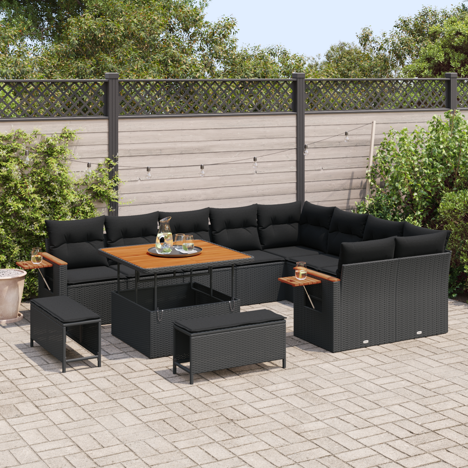 vidaXL 12-delige Tuinbankenset met kussens poly rattan acacia zwart