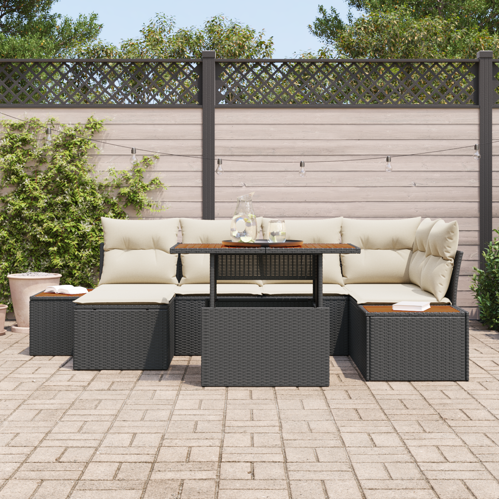vidaXL 7-delige tuinset met kussens zwart poly rattan