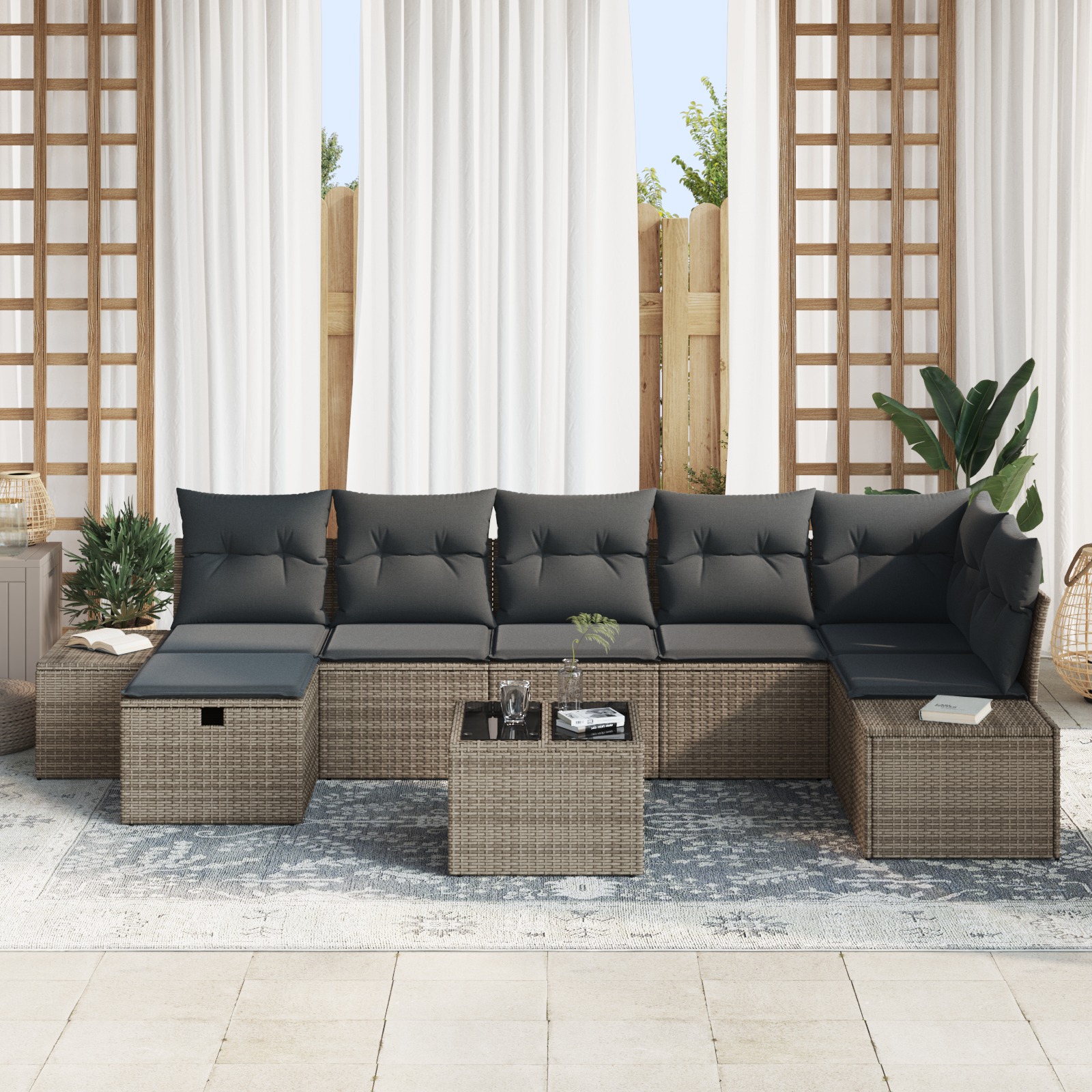 vidaXL 8-delige Tuinbankenset met kussens poly rattan grijs