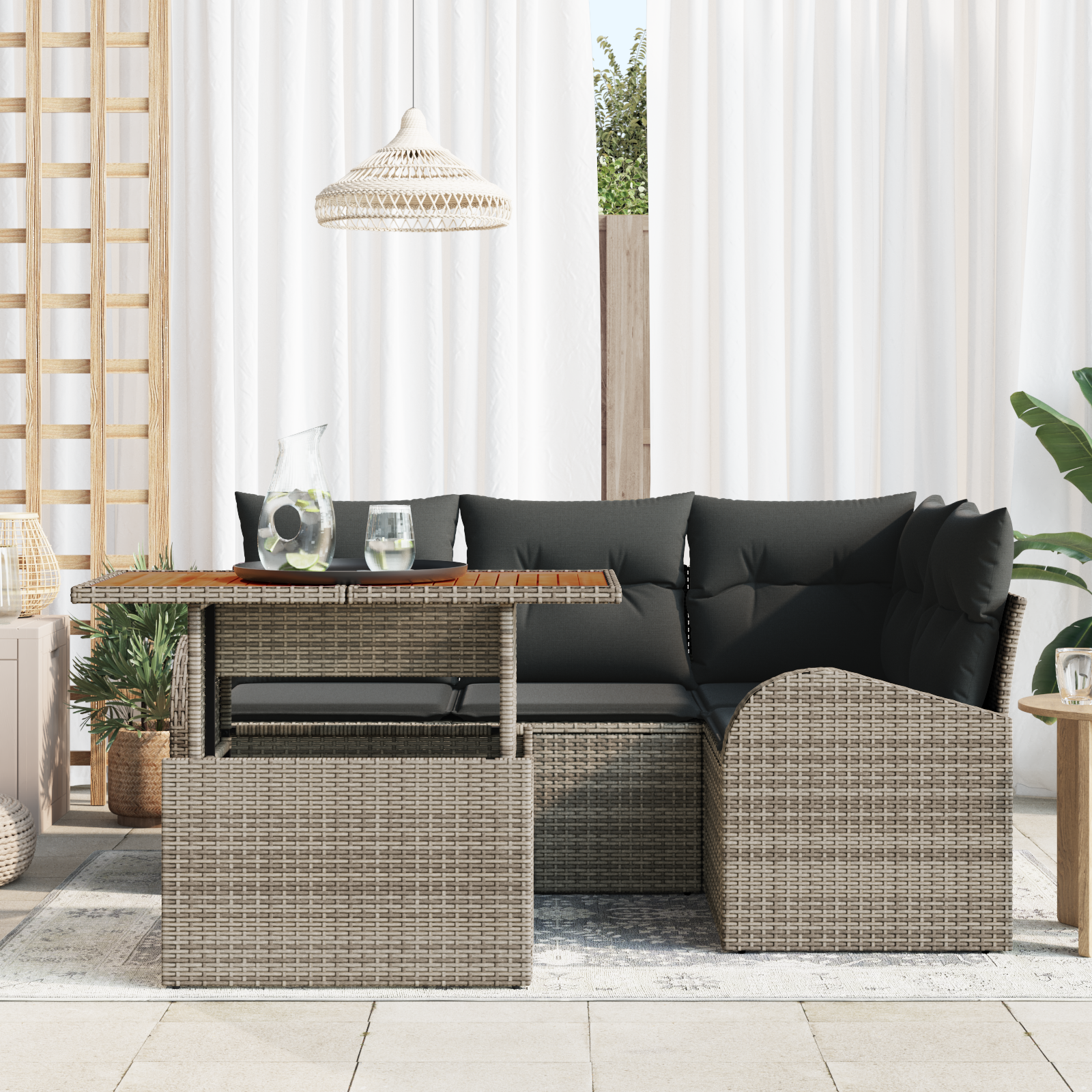 vidaXL 5-delige Tuinset met kussens poly rattan acaciahout grijs