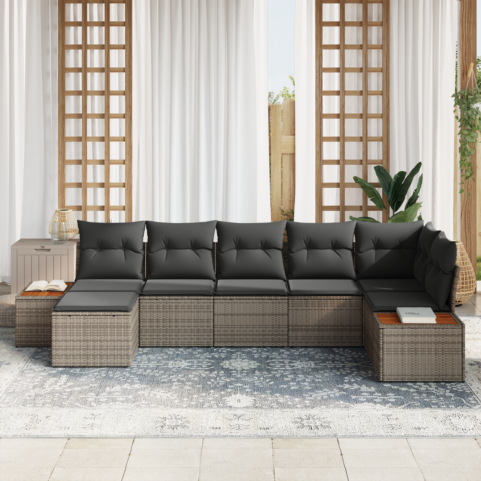 vidaXL 7-delige Tuinbankenset met kussens poly rattan acacia grijs