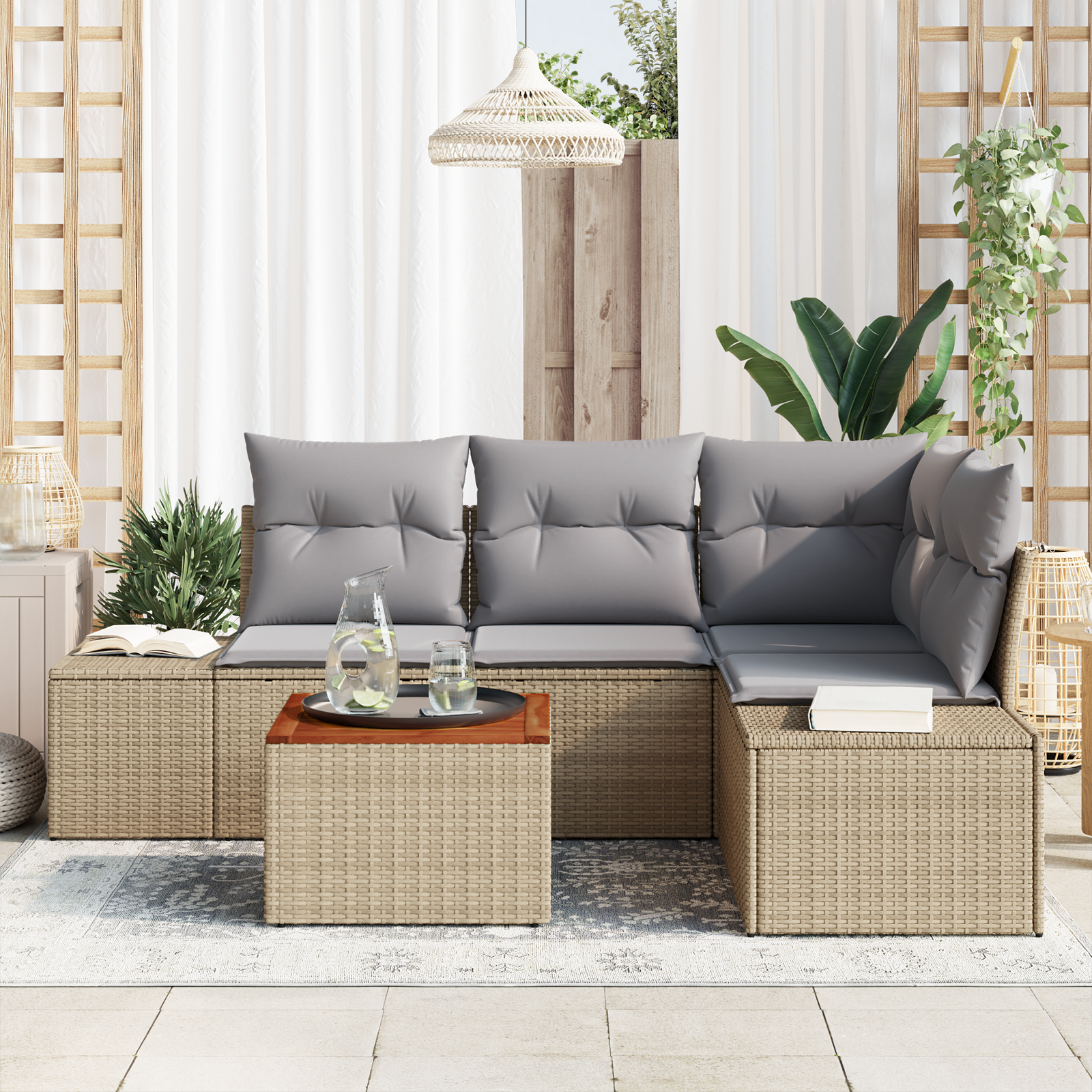 vidaXL 5-delige tuinset met kussens in beige poly rattan en acacia