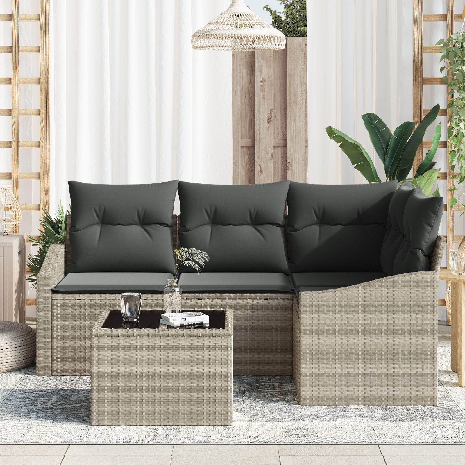 vidaXL 5-delige Tuinset met kussens poly rattan grijs