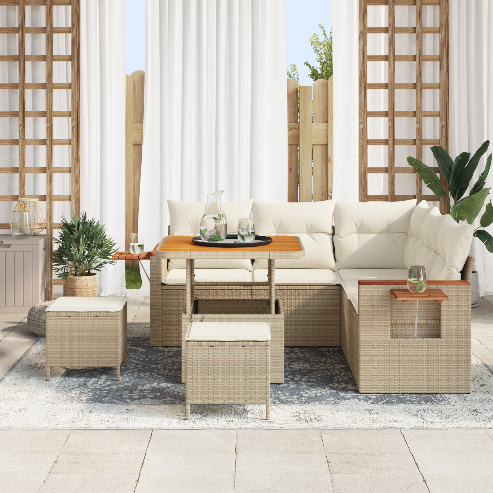 vidaXL 8-delige Bankset voor in de Tuin met Kussens Beige Poly Rattan Acacia