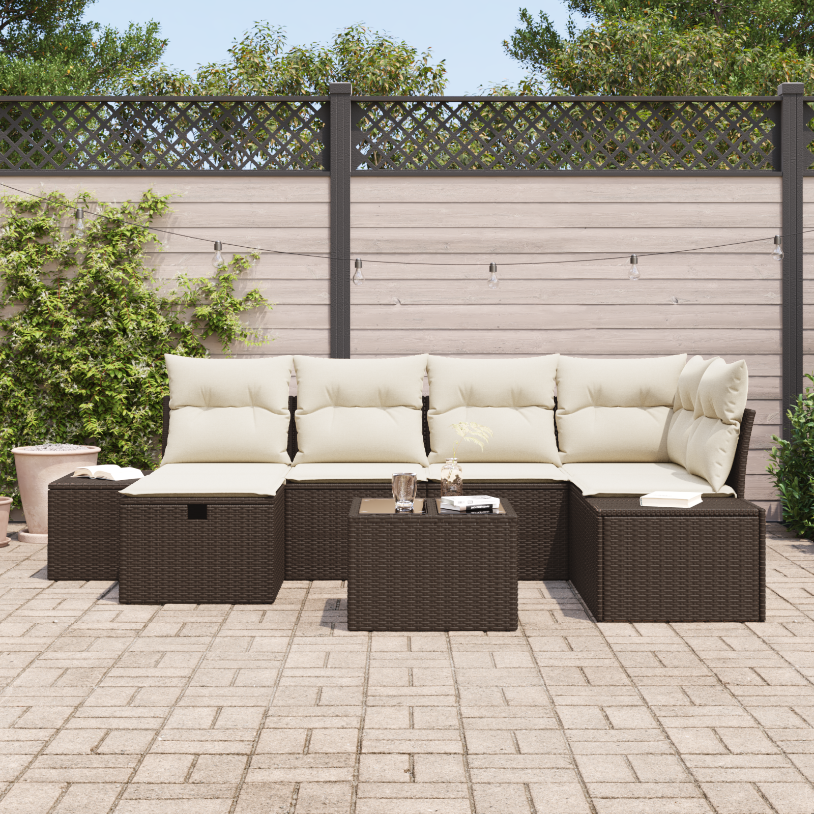 vidaXL 7-delige tuinset met kussens Bruin Poly Rattan