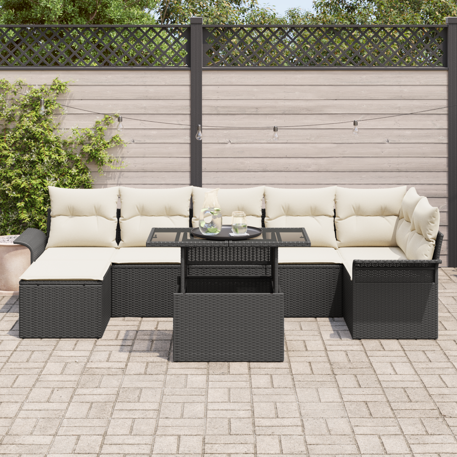 vidaXL 8-delige tuinbank set met kussens in zwart poly rattan