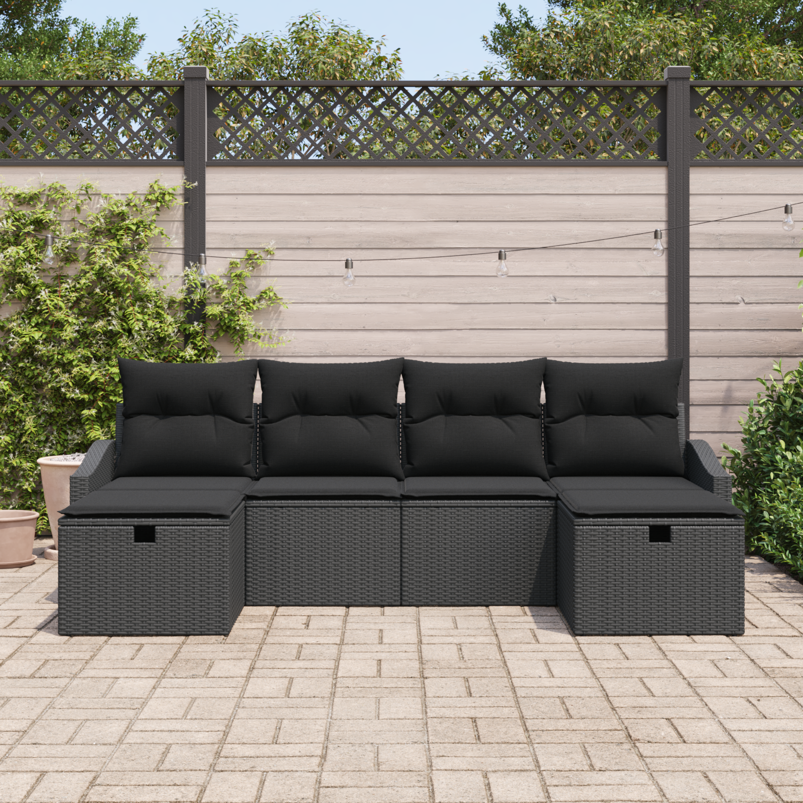 vidaXL 6-delige Tuinbankenset met kussens poly rattan zwart