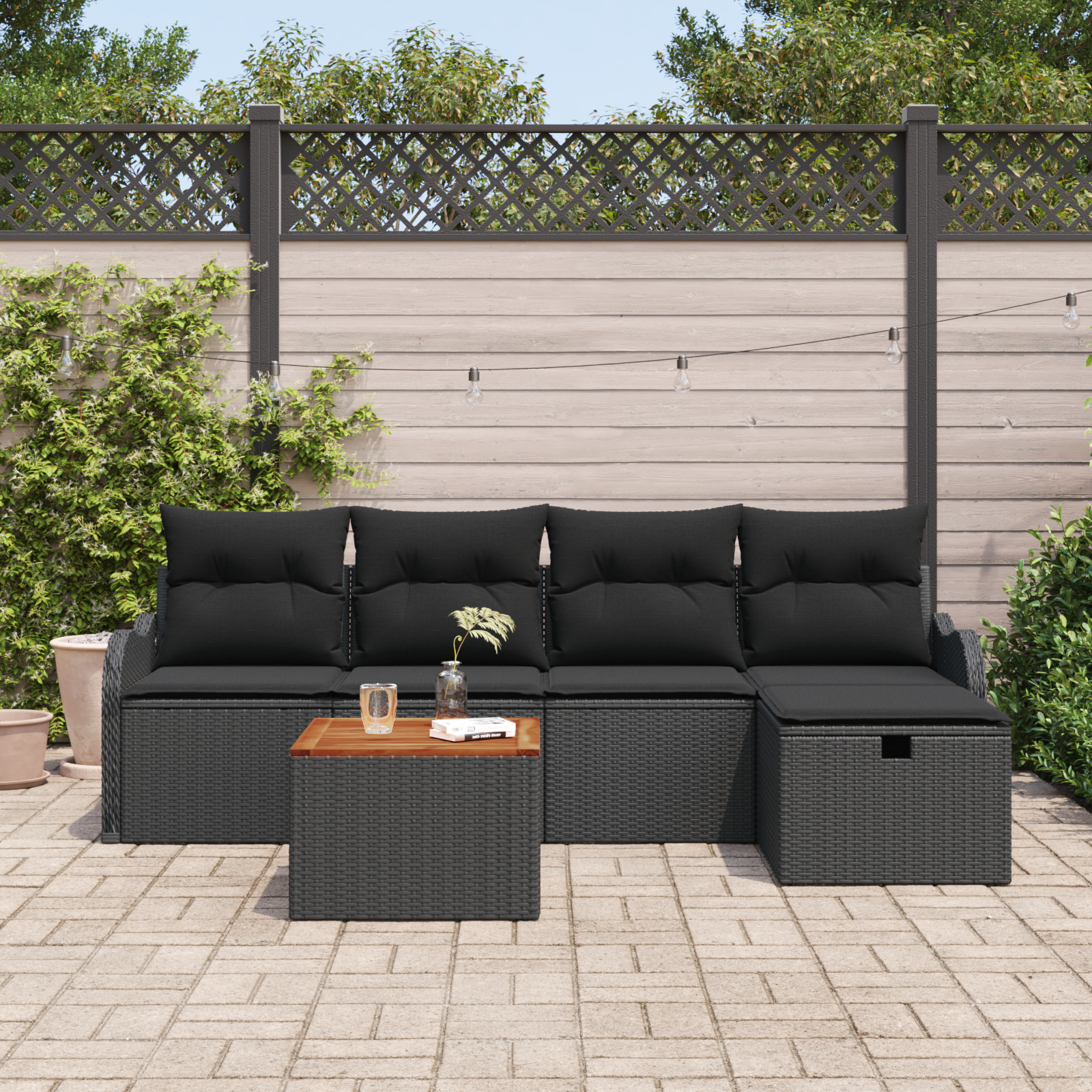 vidaXL 6-delige Tuinbankenset met kussens poly rattan zwart