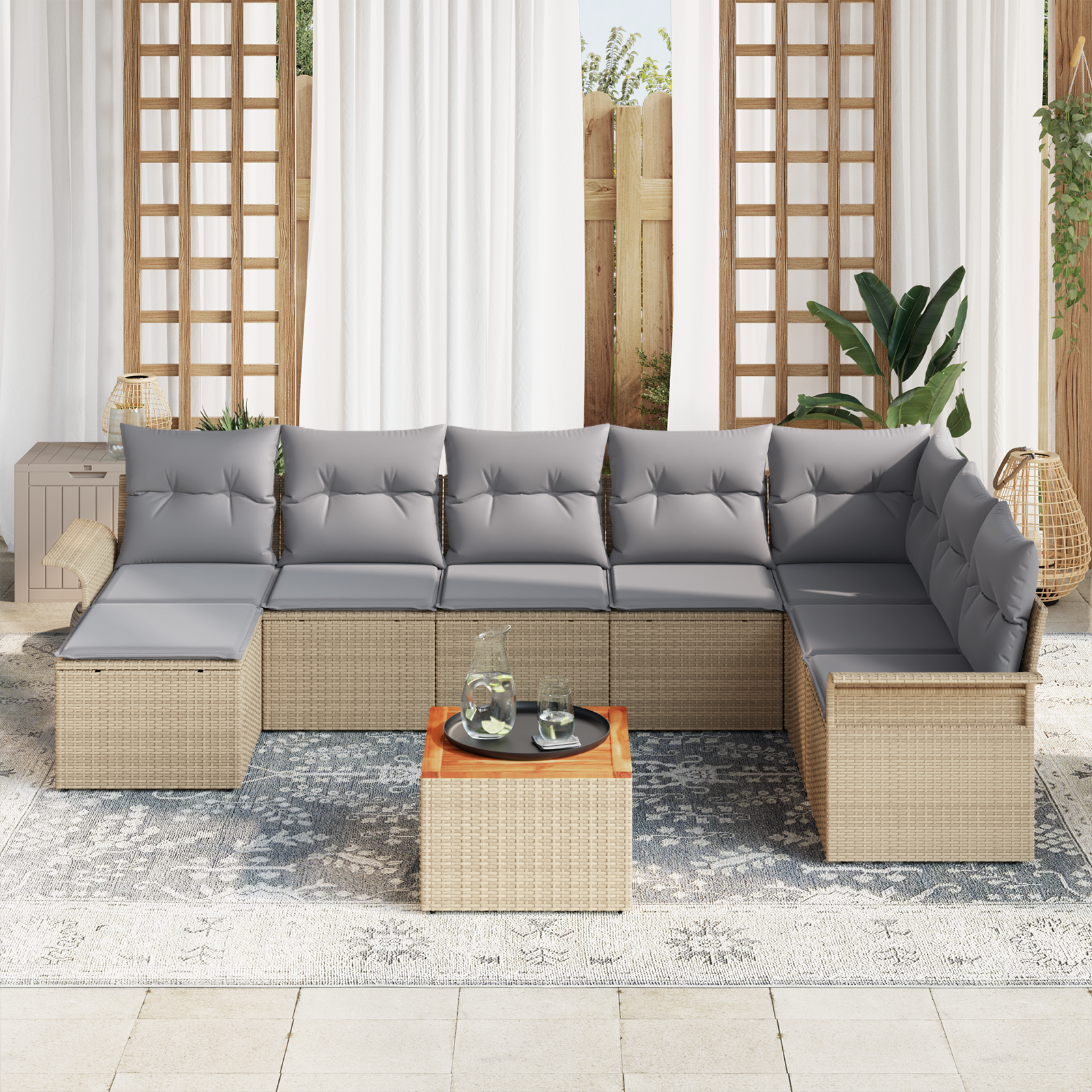 vidaXL 9-delige tuinset met kussens in beige poly rattan en acacia