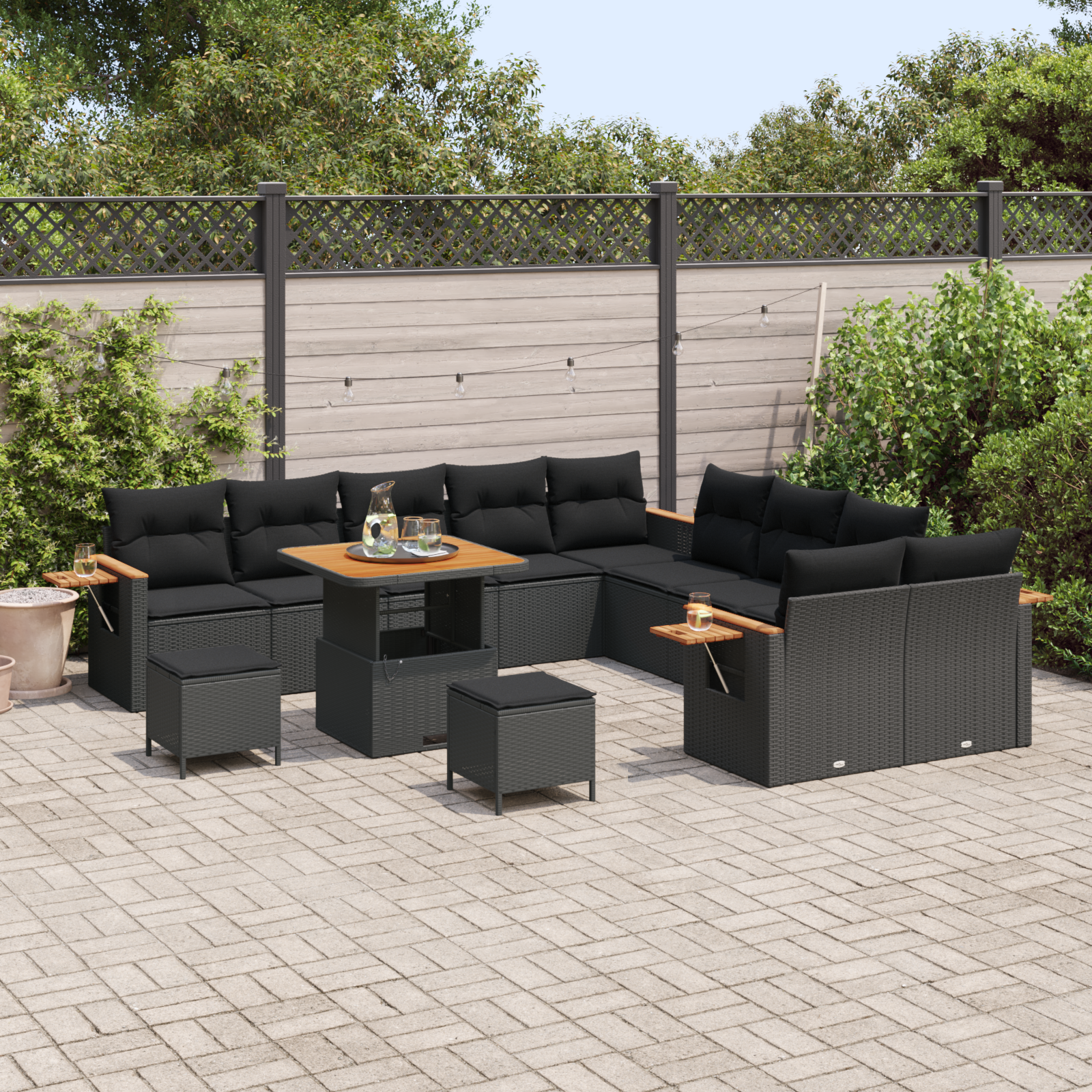 vidaXL 13-delige Tuinbankenset met kussens in poly rattan acacia zwart