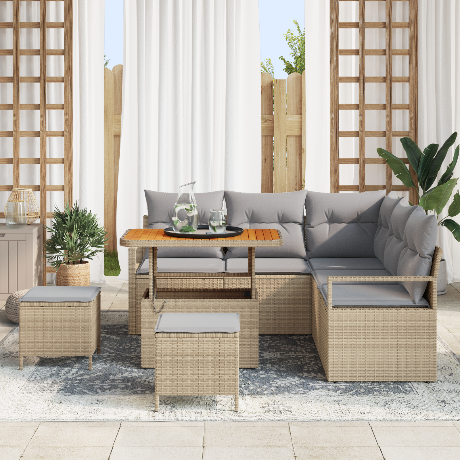 vidaXL 8-delige tuinset met kussens Beige Poly Riet Acacia