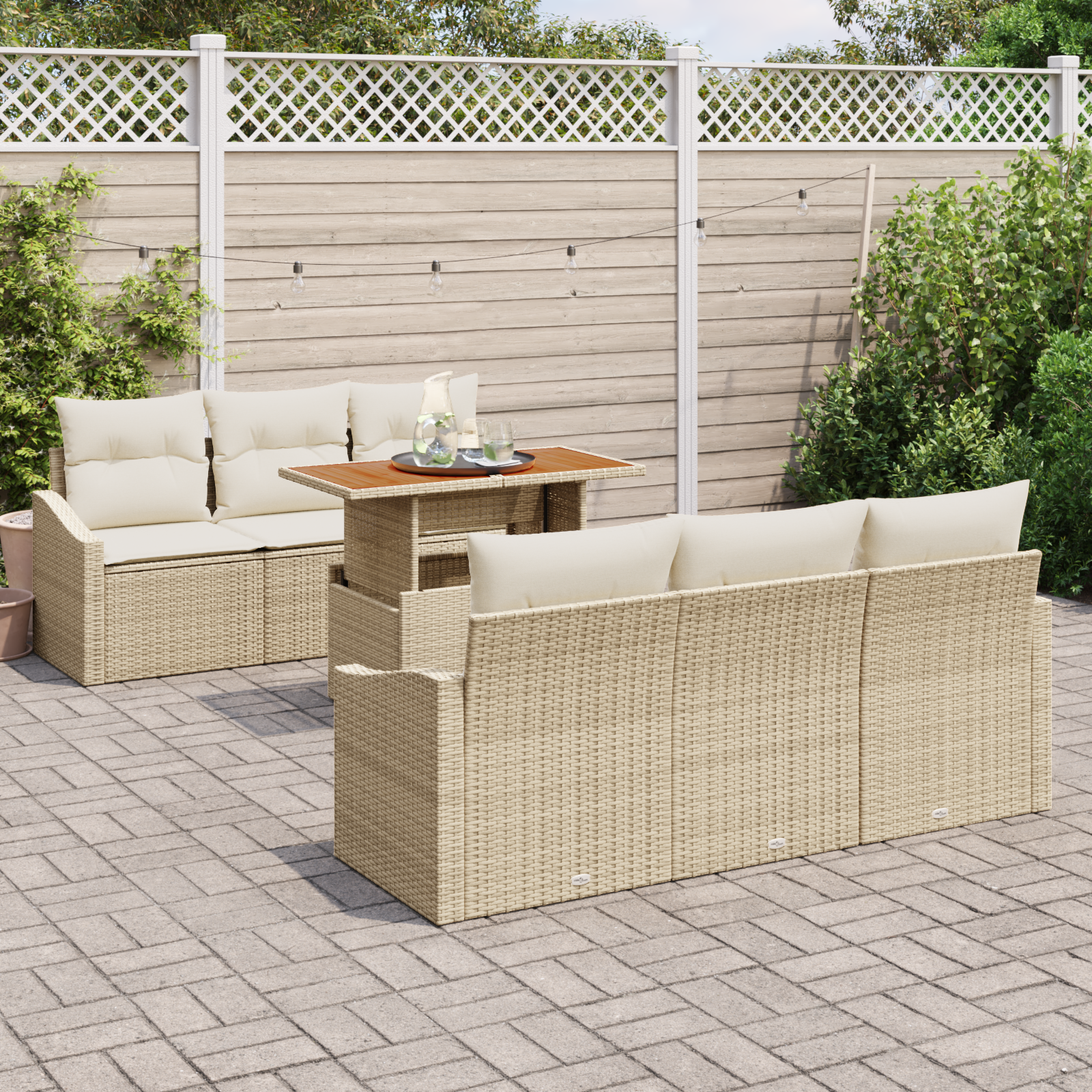 vidaXL 7-delige tuinset met kussens in beige poly rattan en acacia