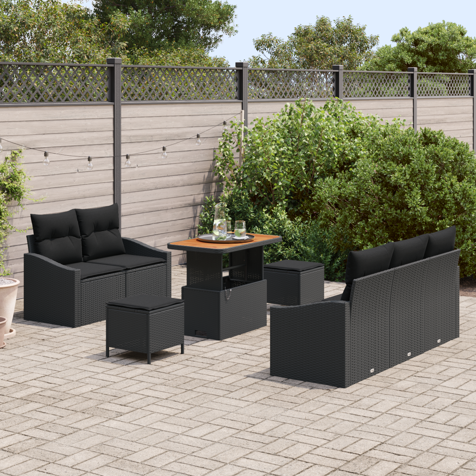 vidaXL 8-delige tuinset met kussens - zwart poly rattan en acacia