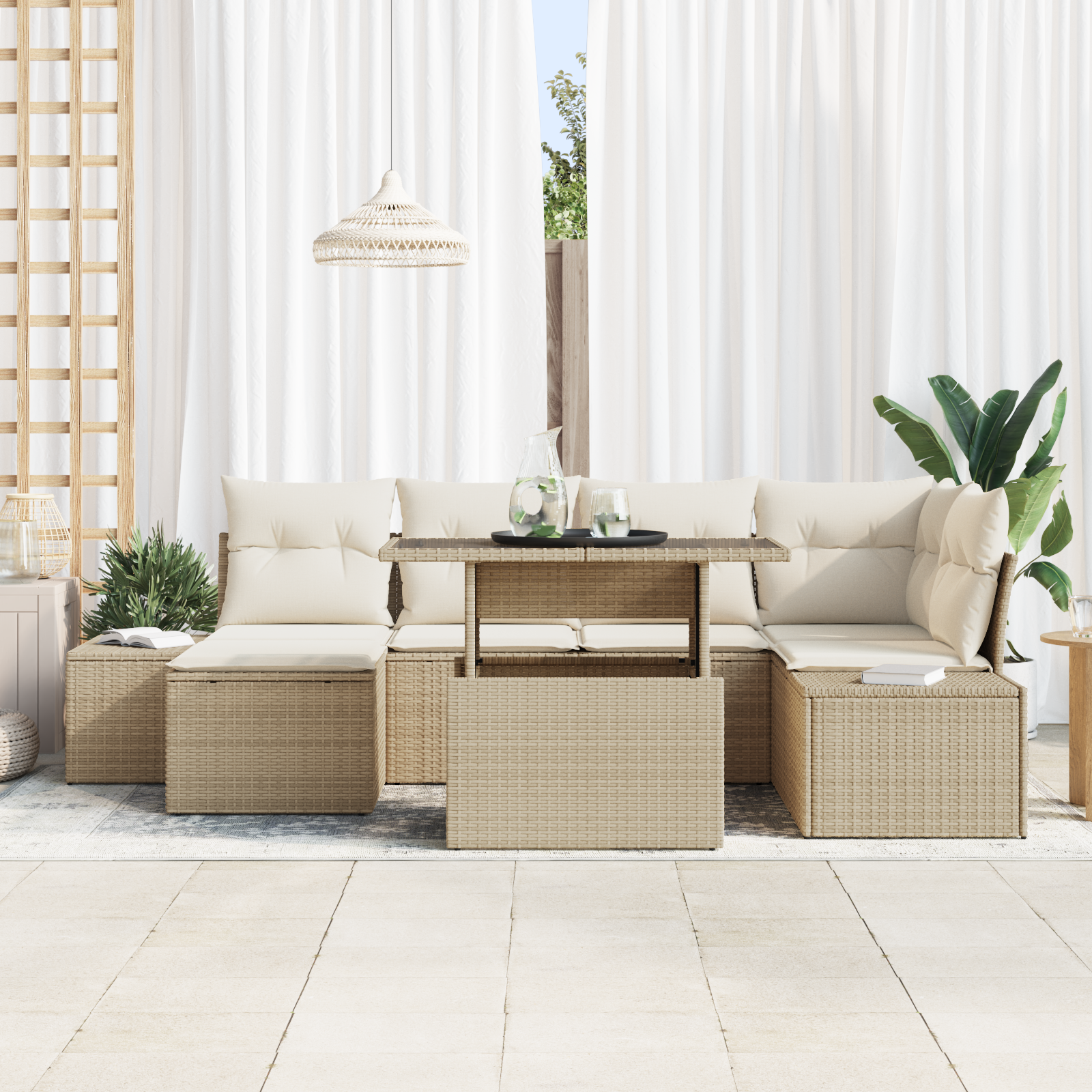 vidaXL 7-delige Tuinbankenset met kussens poly rattan beige