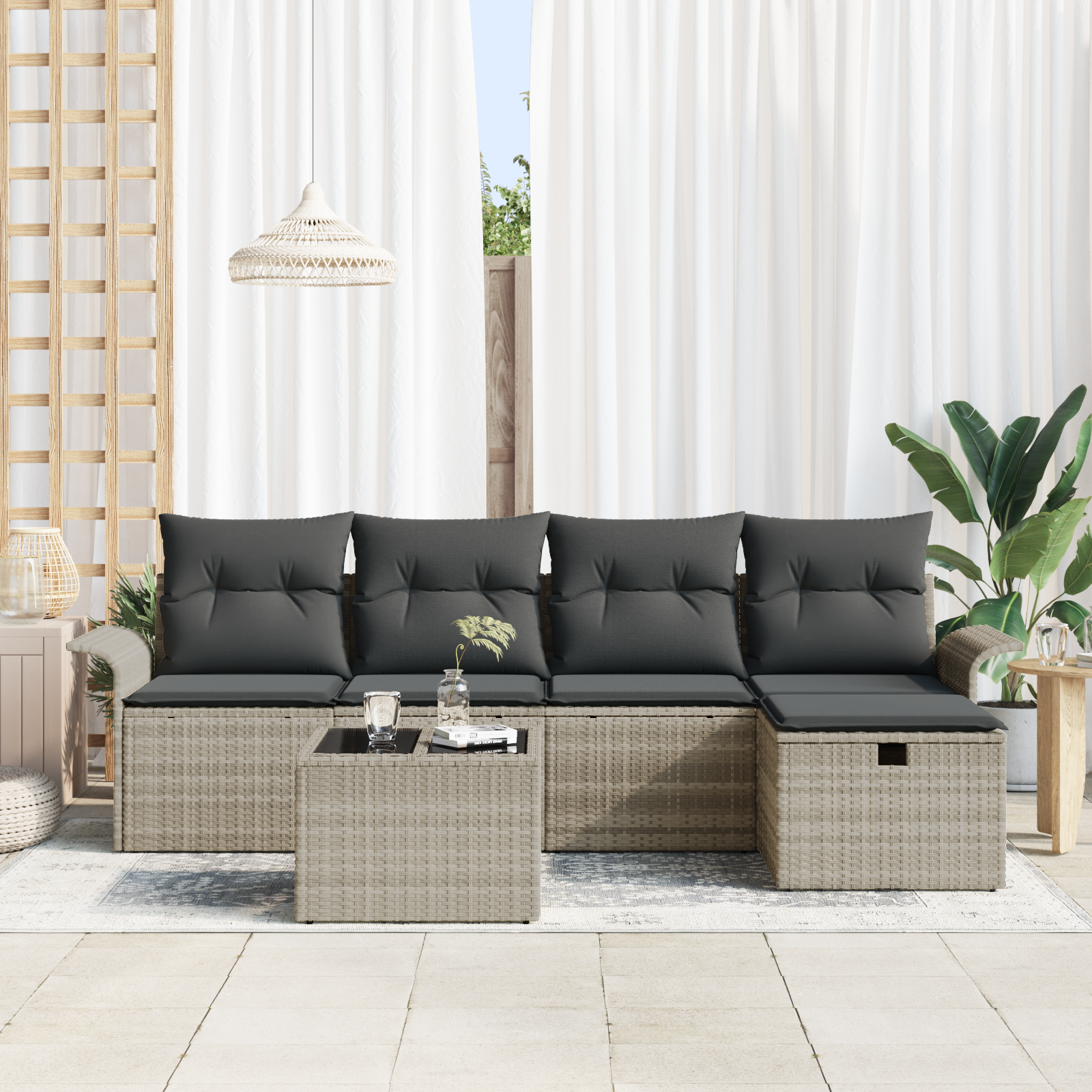 vidaXL 6-delige tuinbankset met kussens in lichtgrijs poly rattan