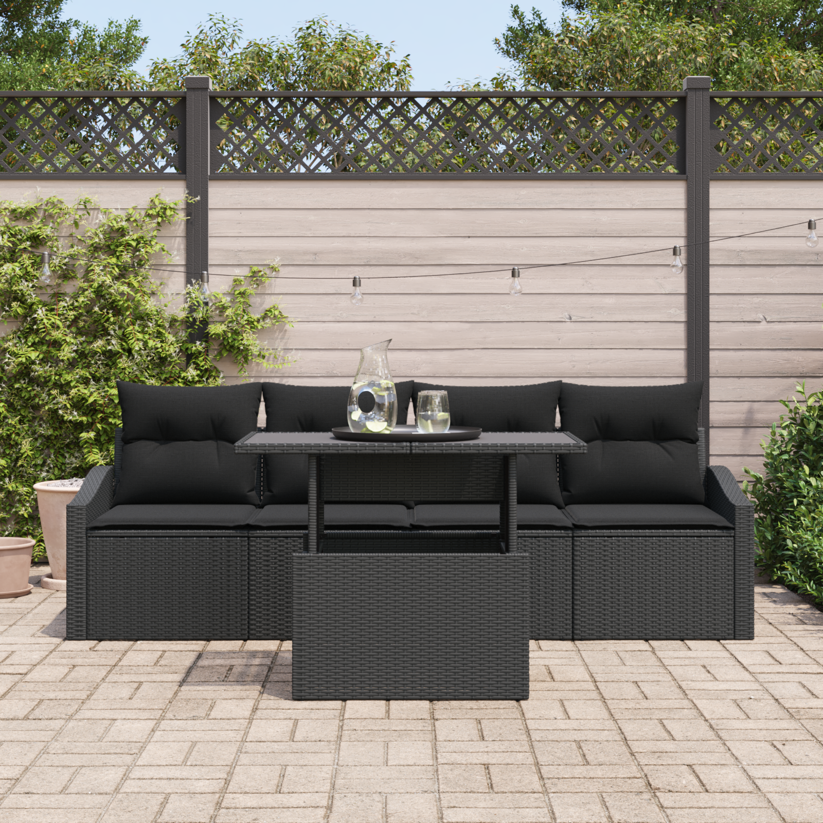 vidaXL 5-delige Tuinbankenset met kussens poly rattan zwart