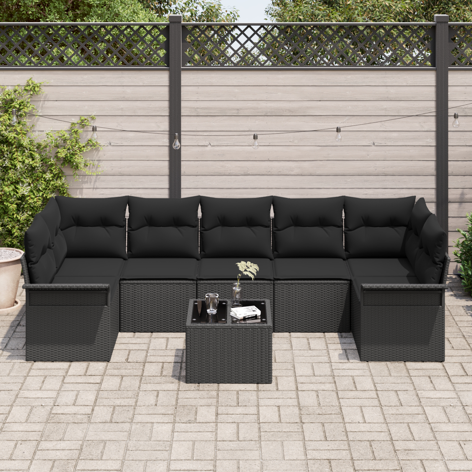 vidaXL 8-delige Tuinbankenset met kussens poly rattan zwart