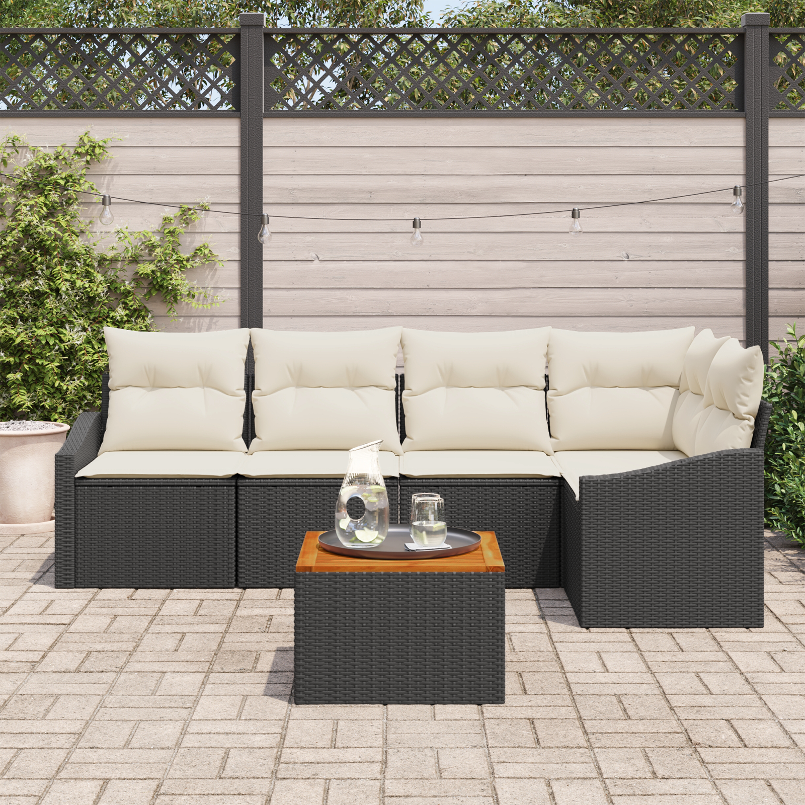 vidaXL 6-delige Tuinbankenset met kussens poly rattan acaciahout zwart