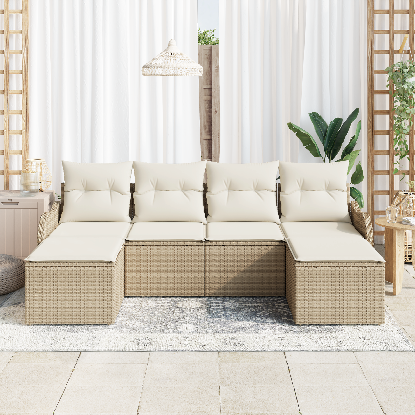 vidaXL 6-delige tuinset met kussens - Beige Poly Riet