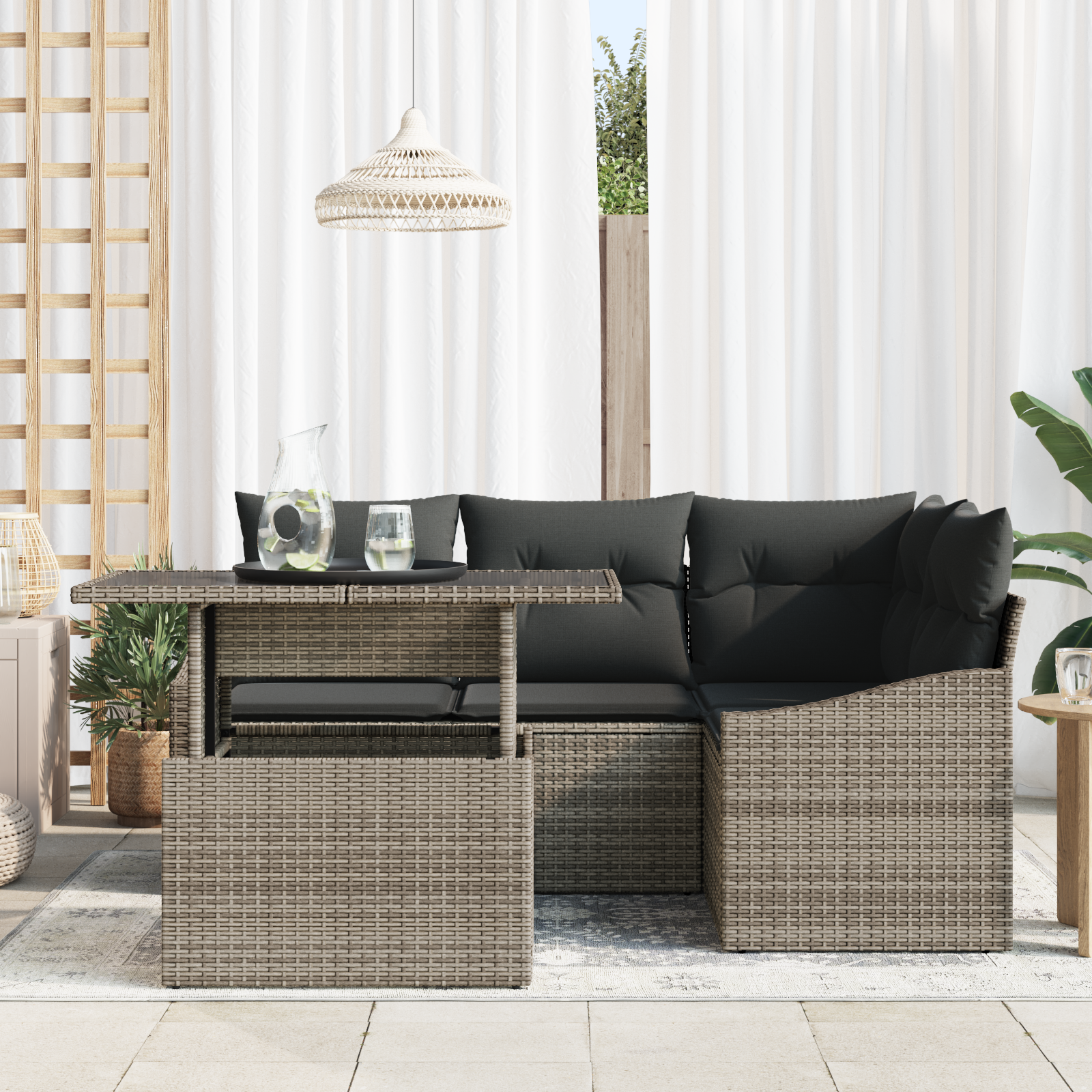 vidaXL 5-delige tuinset met kussens in grijs poly rattan