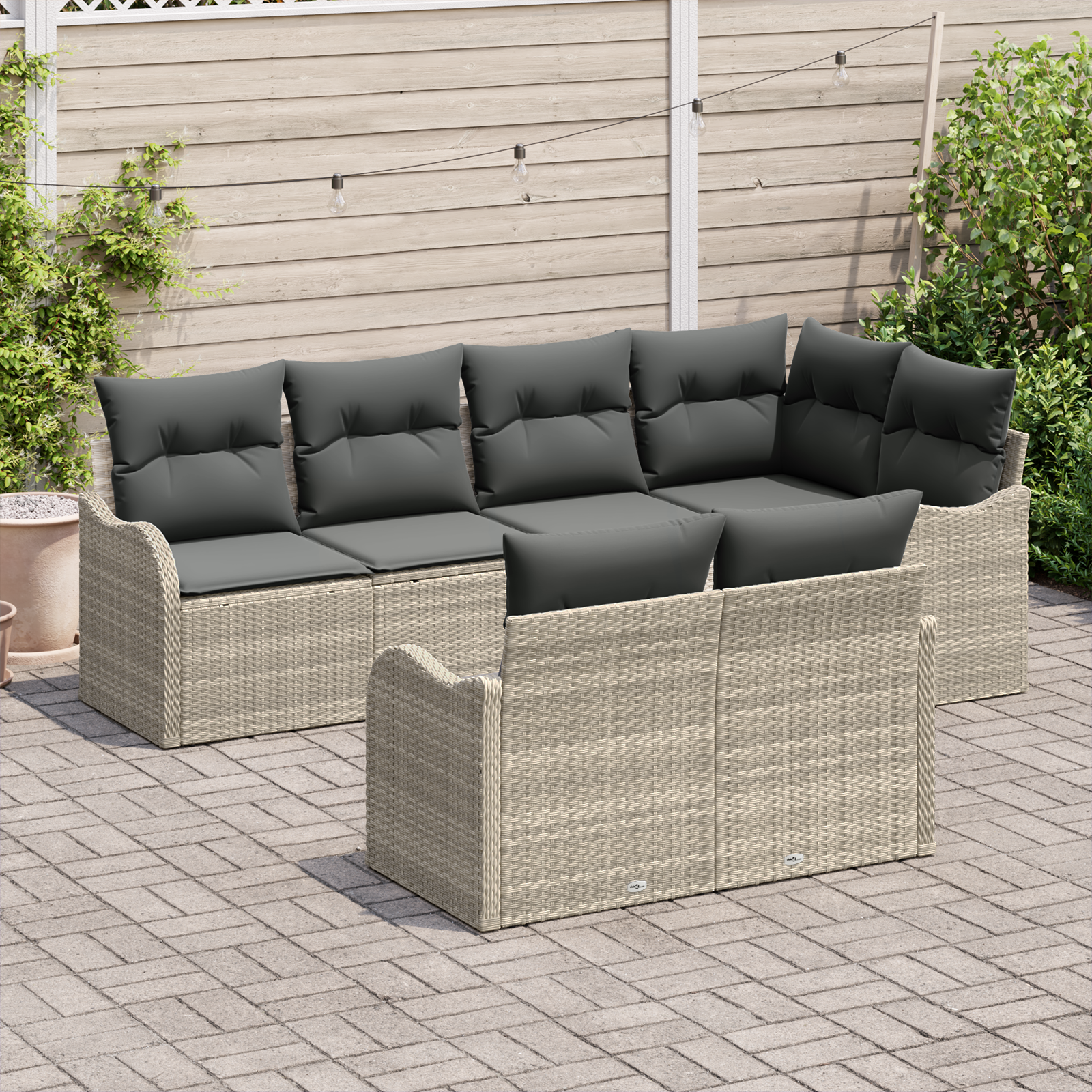 vidaXL 7-delige tuinset met kussens lichtgrijs poly rattan