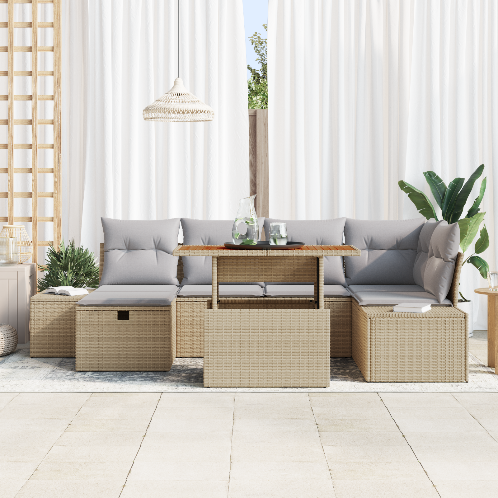 vidaXL 7-delige Tuinbankenset met kussens poly rattan beige