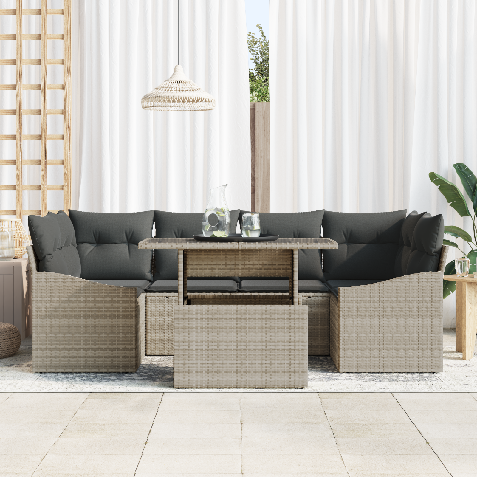 vidaXL 7-delige Tuinbankenset met kussens poly rattan lichtgrijs