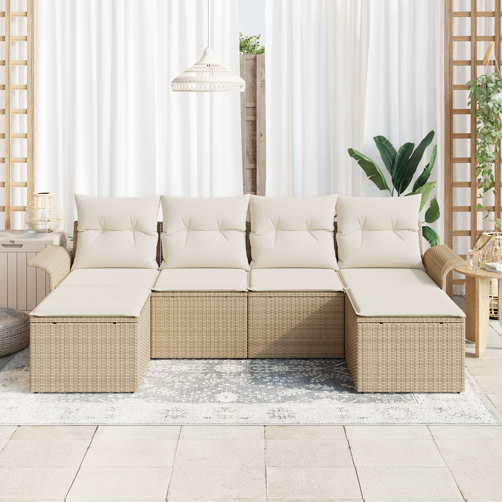 vidaXL 6-delige tuinbankset met kussens Beige Poly Rattan