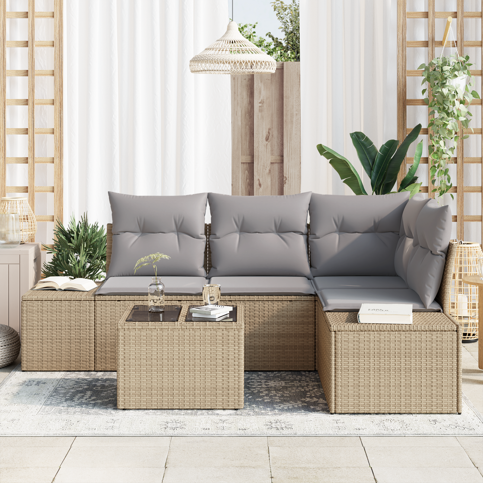 vidaXL 5-delige tuinbank set met kussens zwart poly rattan