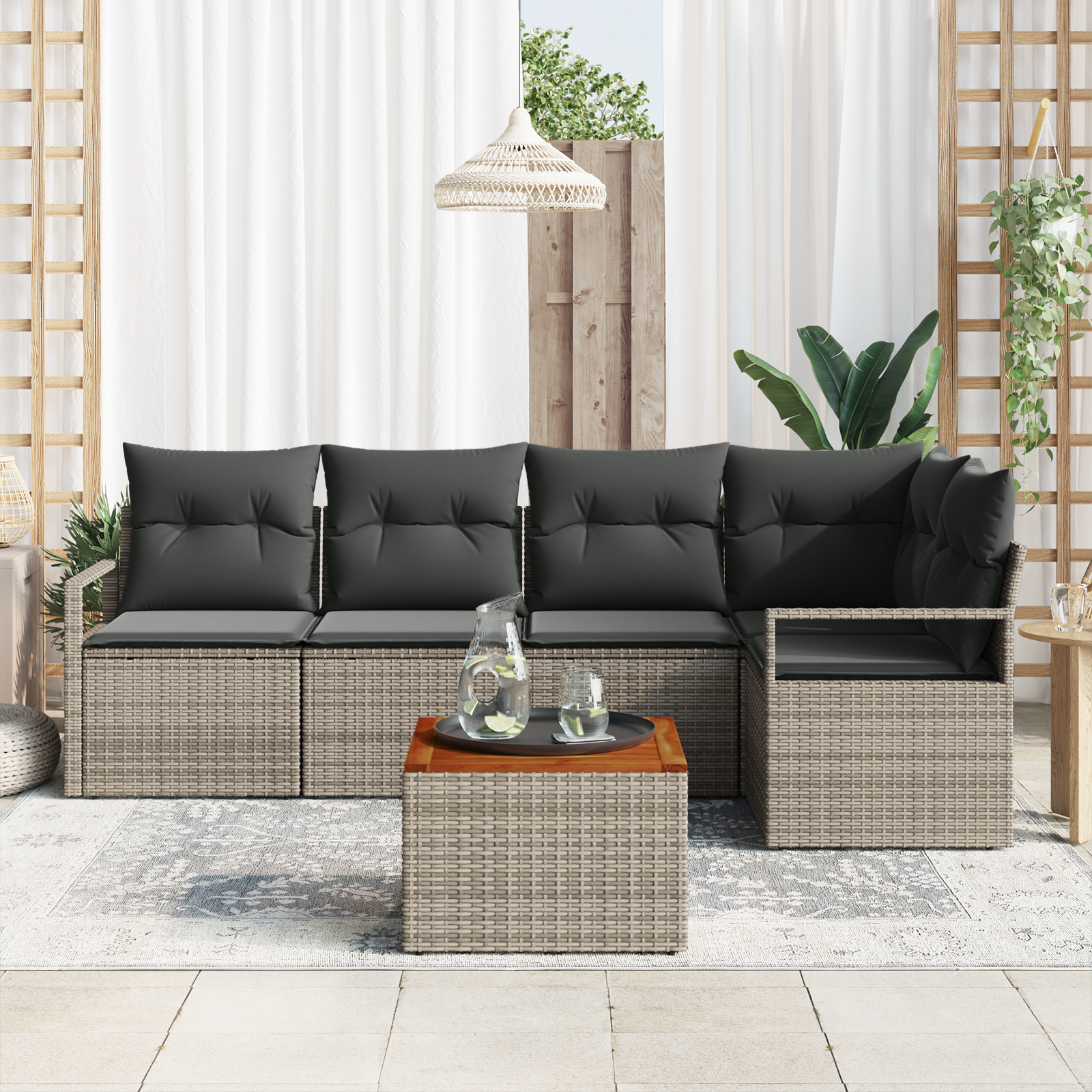 vidaXL 6-delige tuinbank set met kussens - grijs poly rattan en acacia