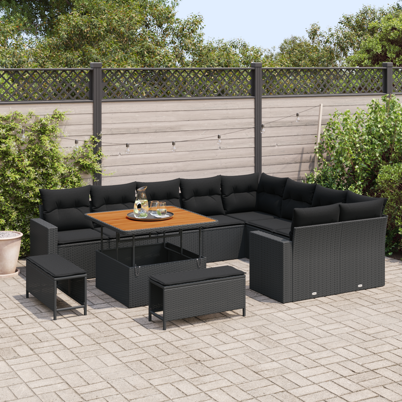 vidaXL 12-delige Tuinbankenset met kussens poly rattan acacia zwart