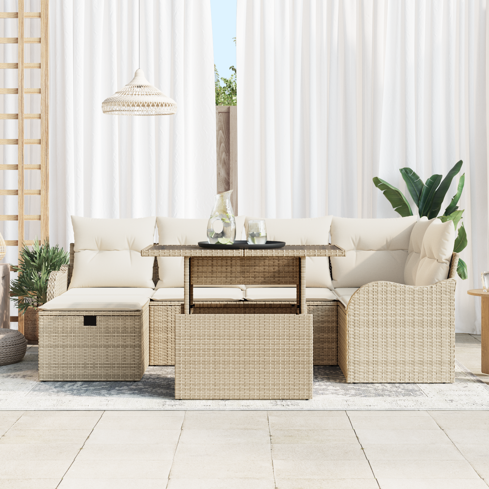 vidaXL 7-delige ligbedset met kussens in beige poly-riet