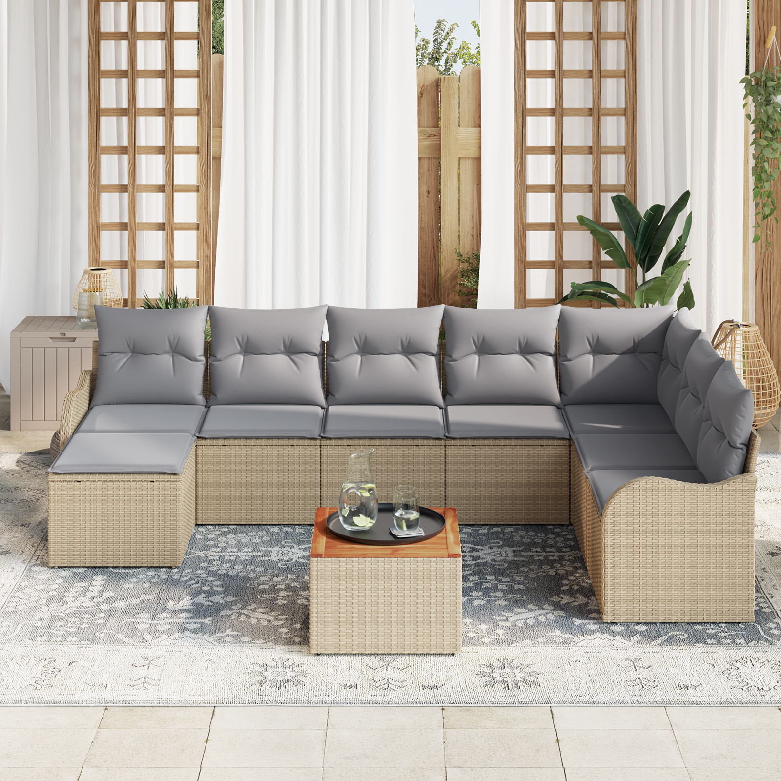 vidaXL 9-delige tuinset met kussens in beige poly rattan en acacia