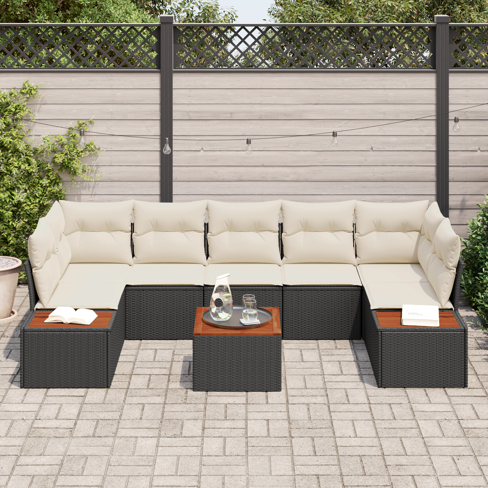 vidaXL 8-delige tuinset met kussens - zwart poly rattan en acacia