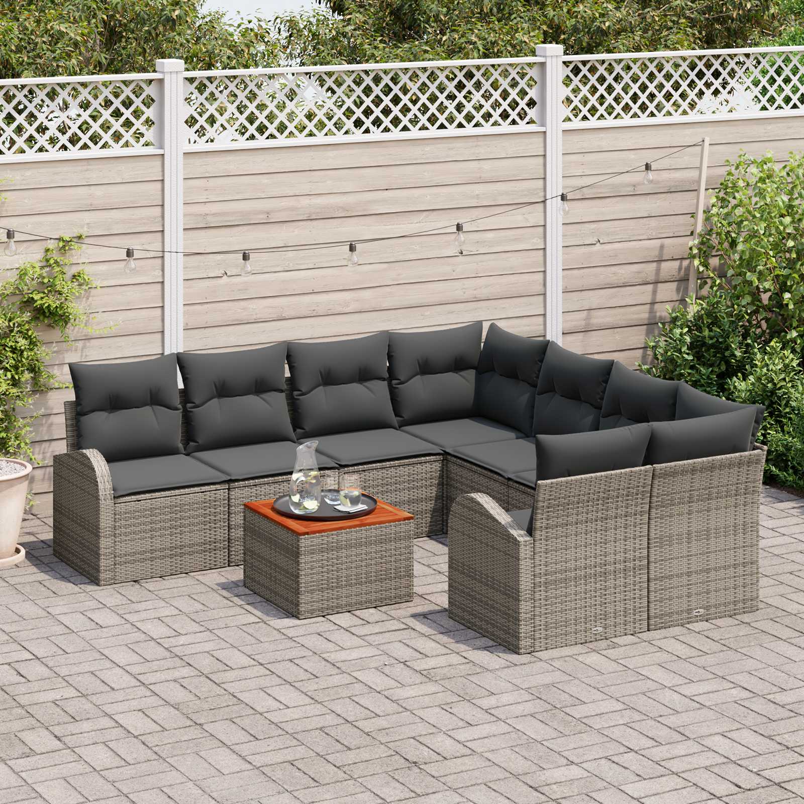 vidaXL 9-delige tuinsofa set met kussens - Grijs Poly Rattan en Acacia