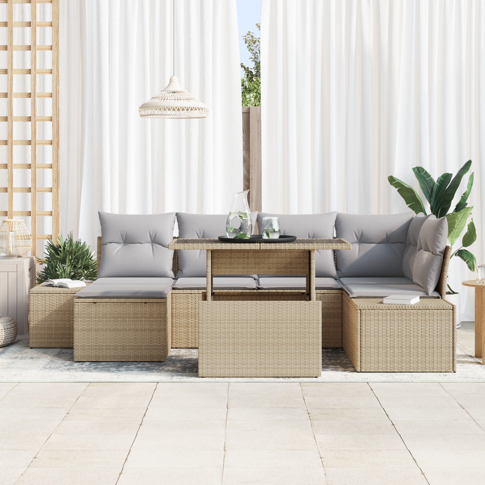 vidaXL 7-delige Tuinbankenset met kussens poly rattan beige