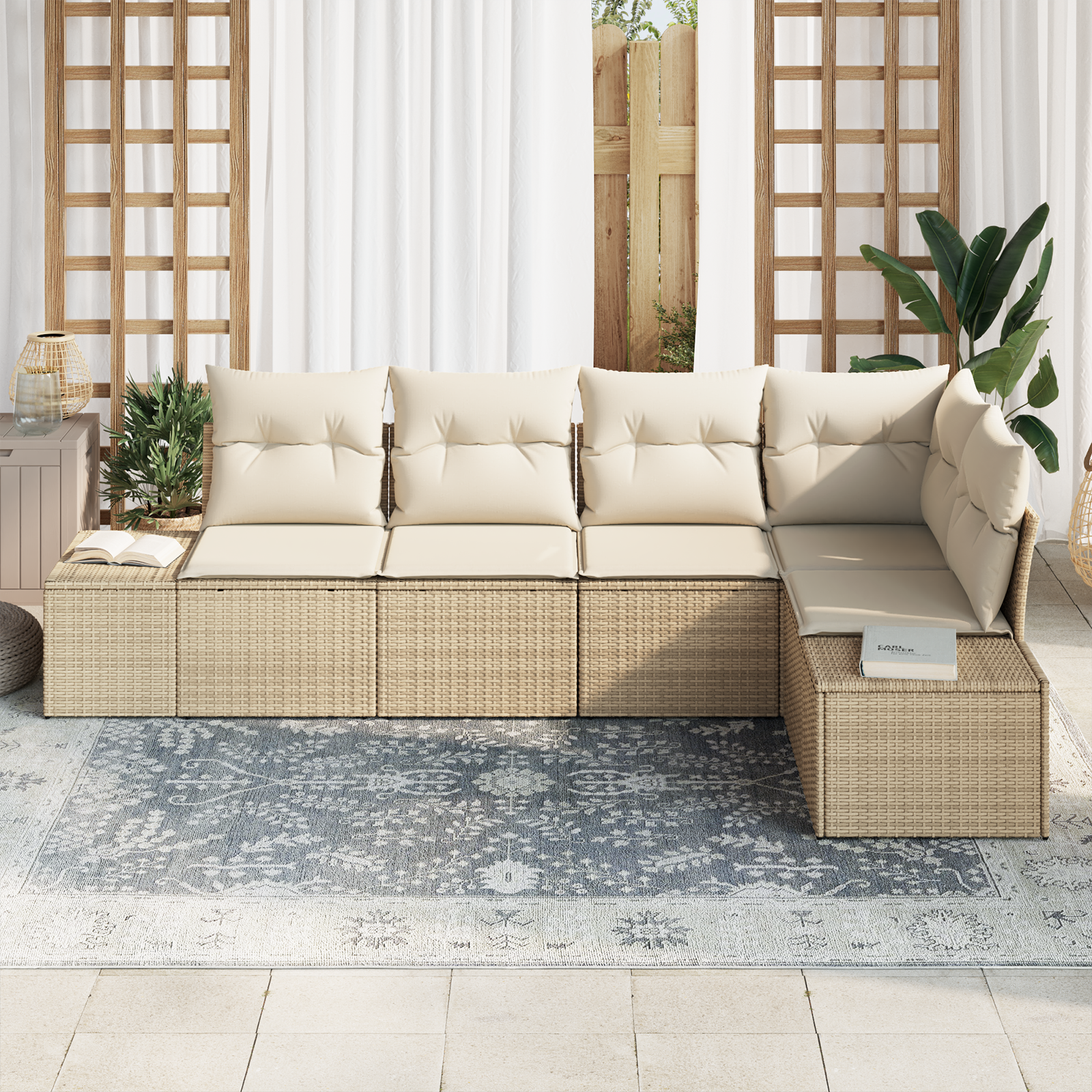vidaXL 5-delige Tuinbankenset met kussens poly rattan beige