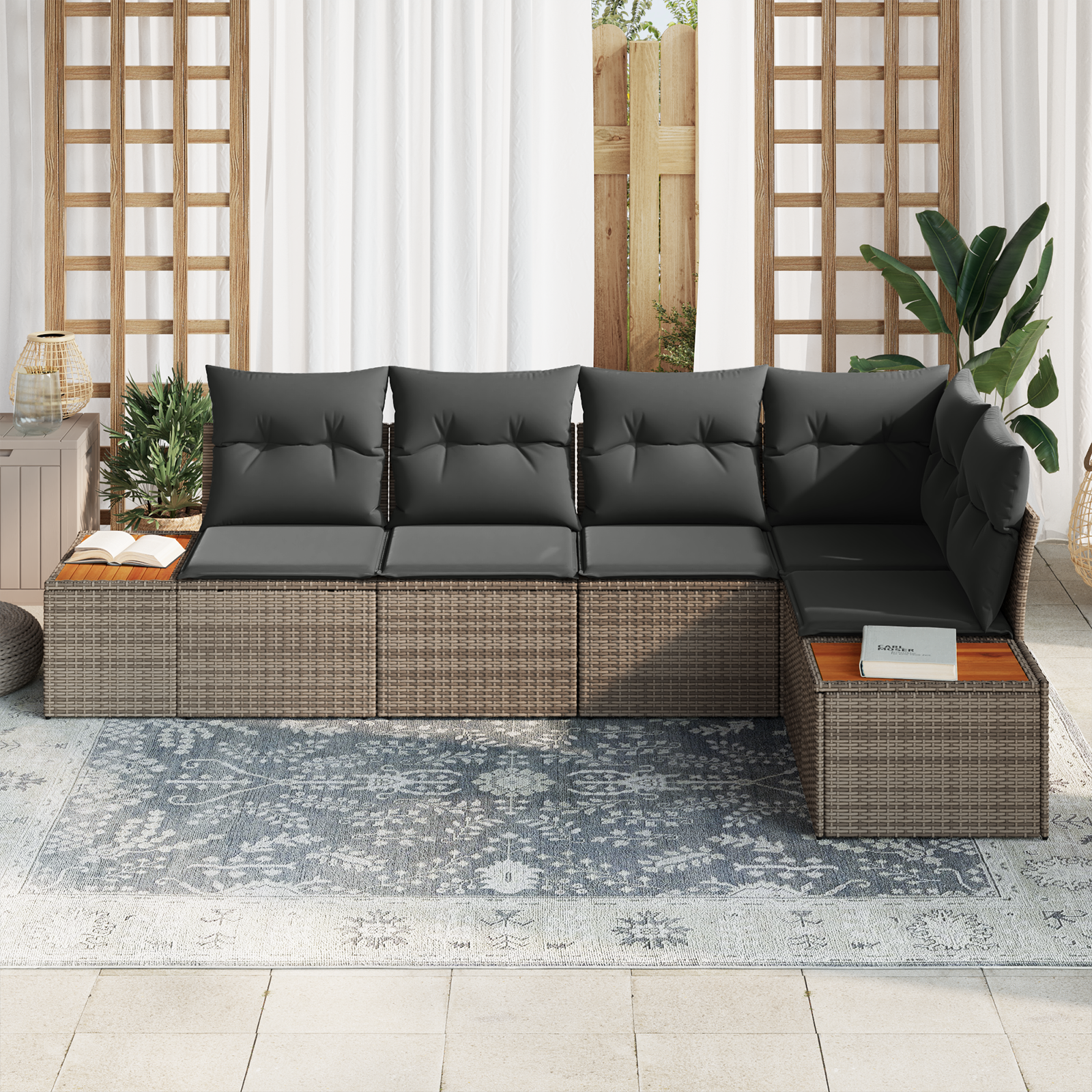 vidaXL 5-delige tuinsofa set met kussens van grijs poly rattan en acacia