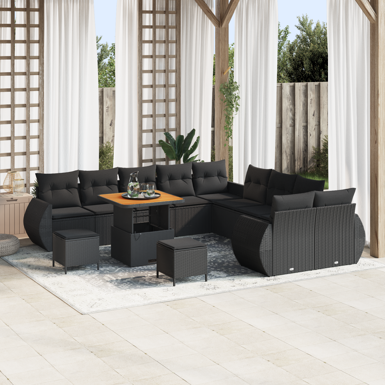 vidaXL 13-delige tuinsofa set met zwarte kussens van poly rattan en acacia hout
