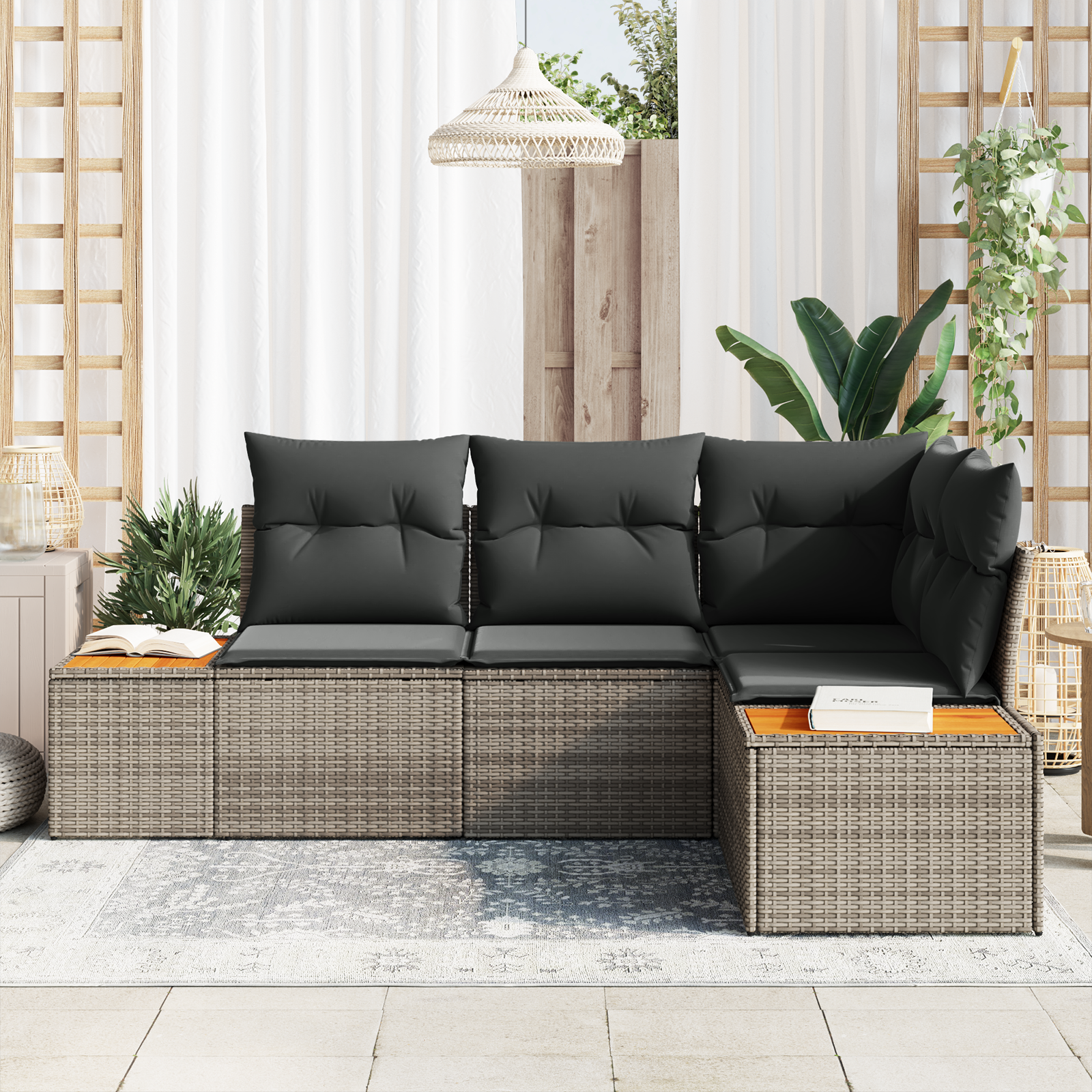 vidaXL 4-delige Tuinbankenset met kussens poly rattan acacia grijs